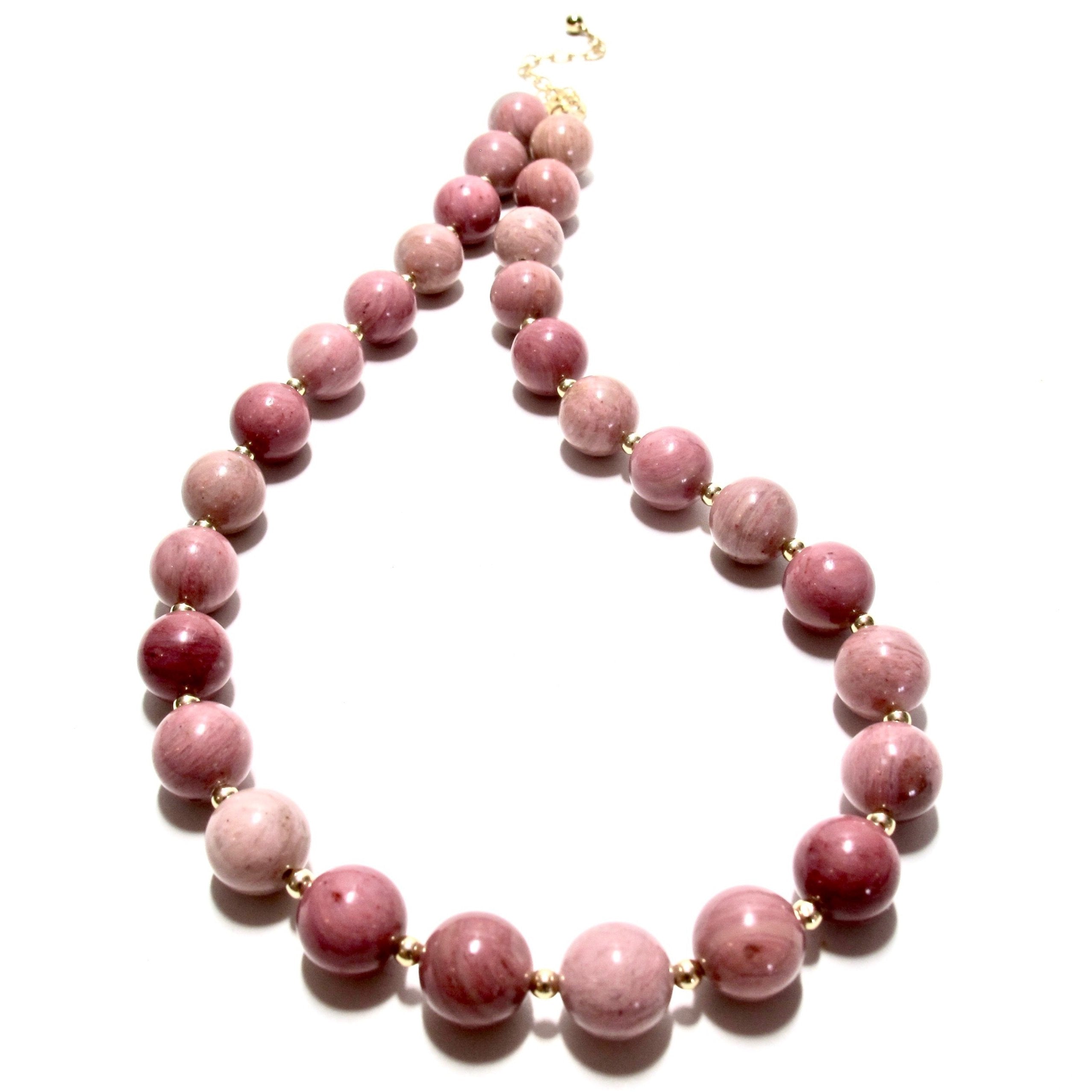 Chunky Rhodonite Bubblegum and Gold Bead Necklace