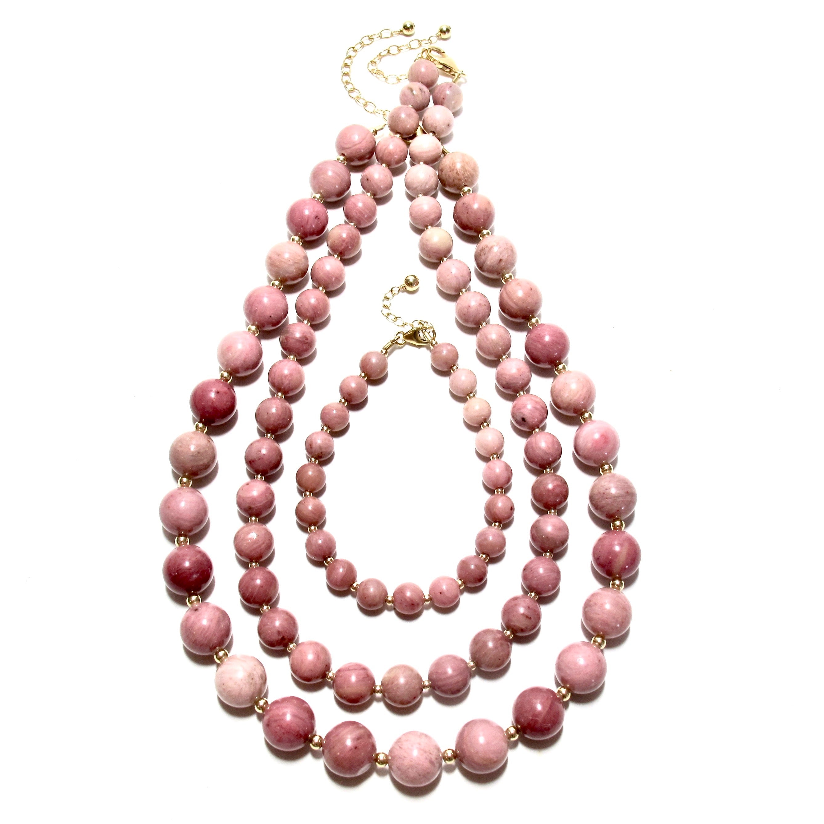 Chunky Rhodonite Bubblegum and Gold Bead Necklace