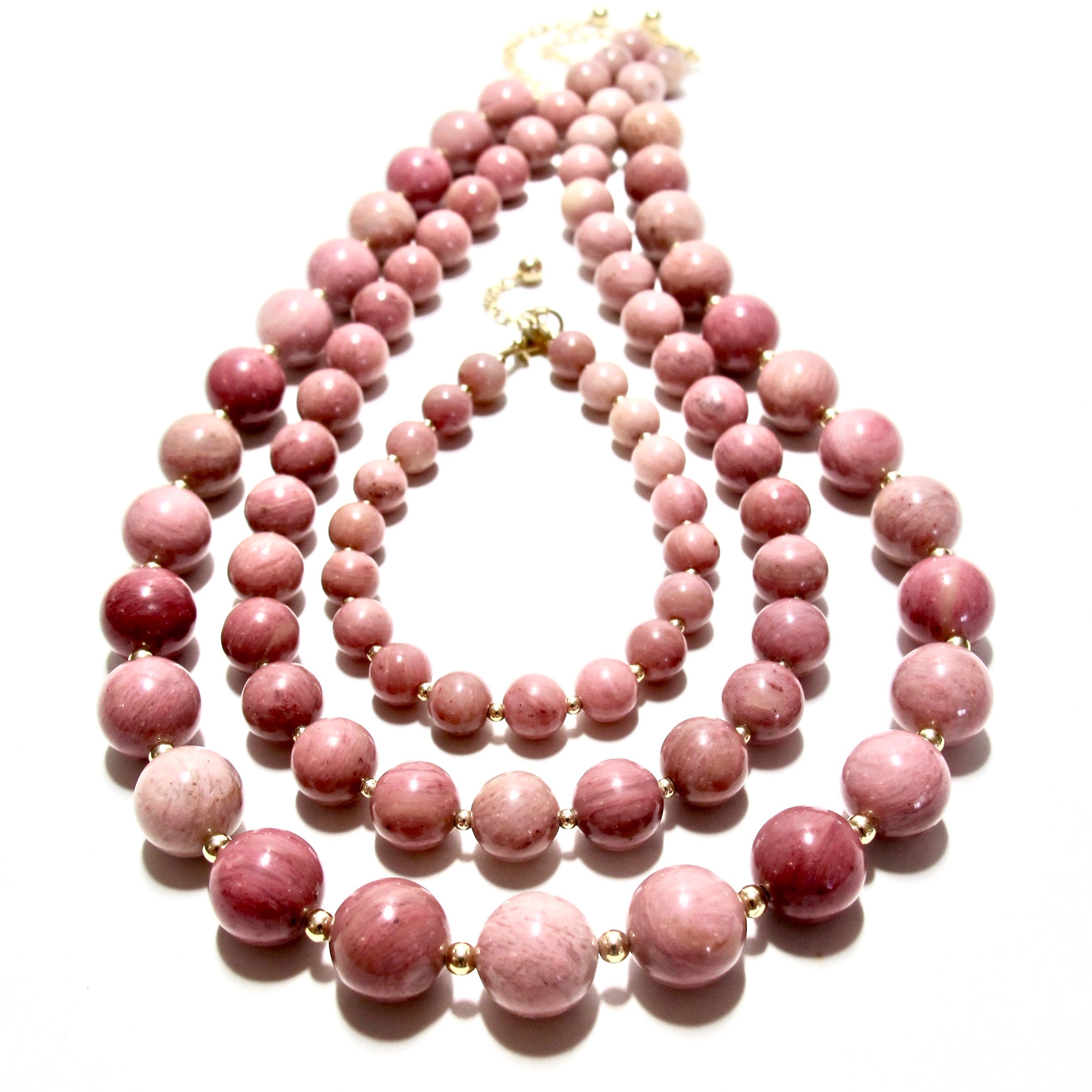 Chunky Rhodonite Bubblegum and Gold Bead Necklace