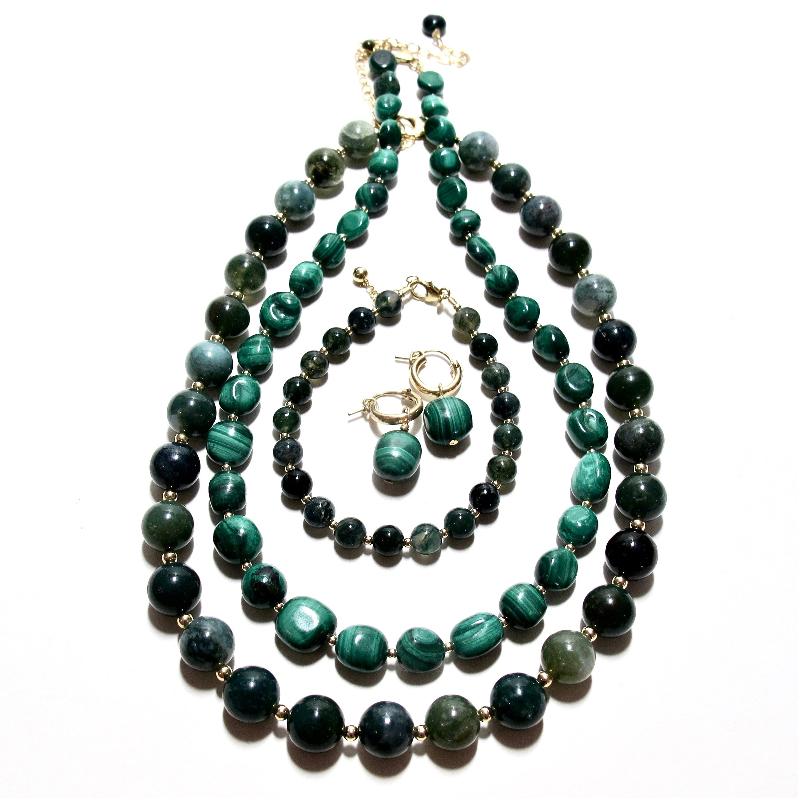 Moss Agate Bubblegum and Gold Bead Bracelet