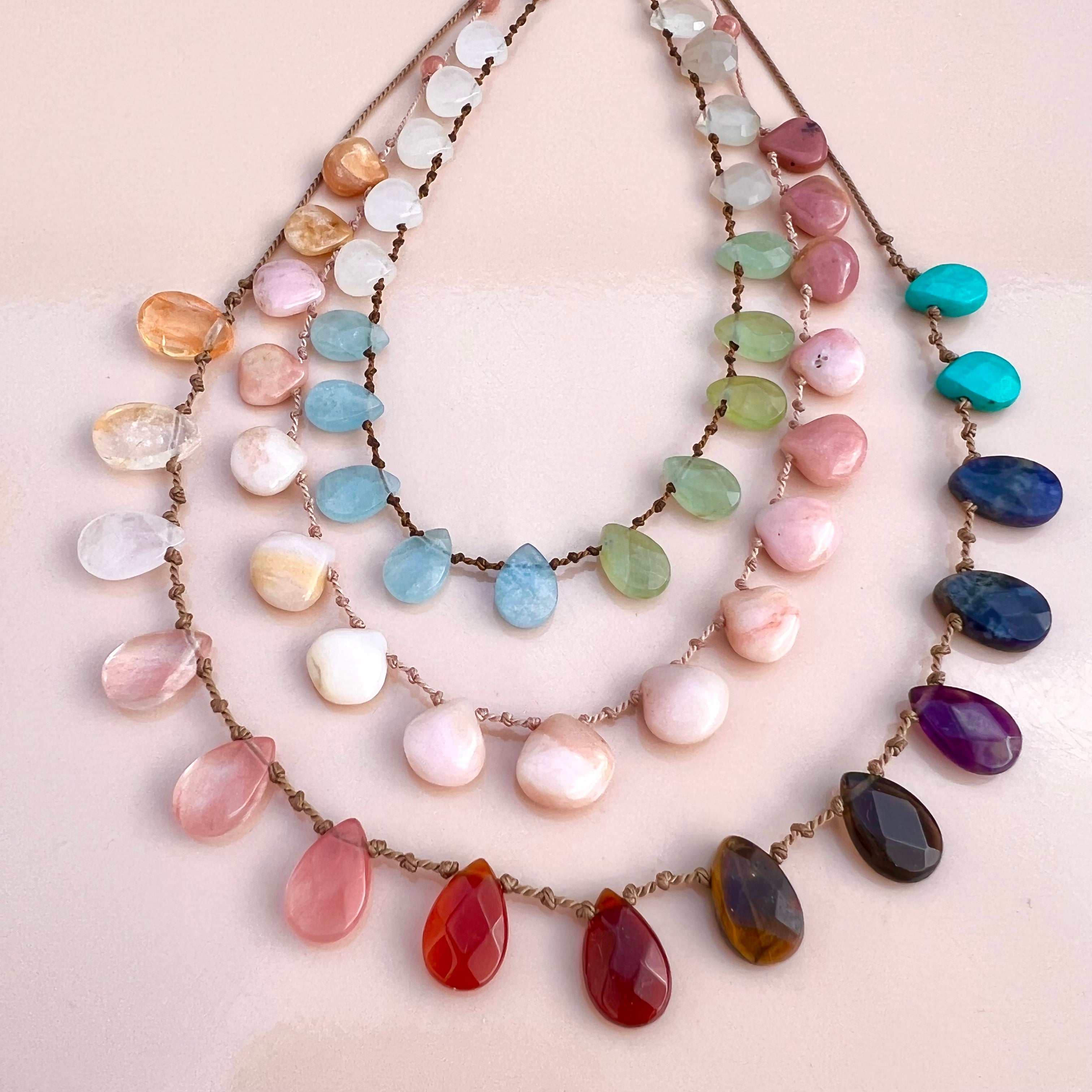 Rainbow Stones Knotted Silk Necklace