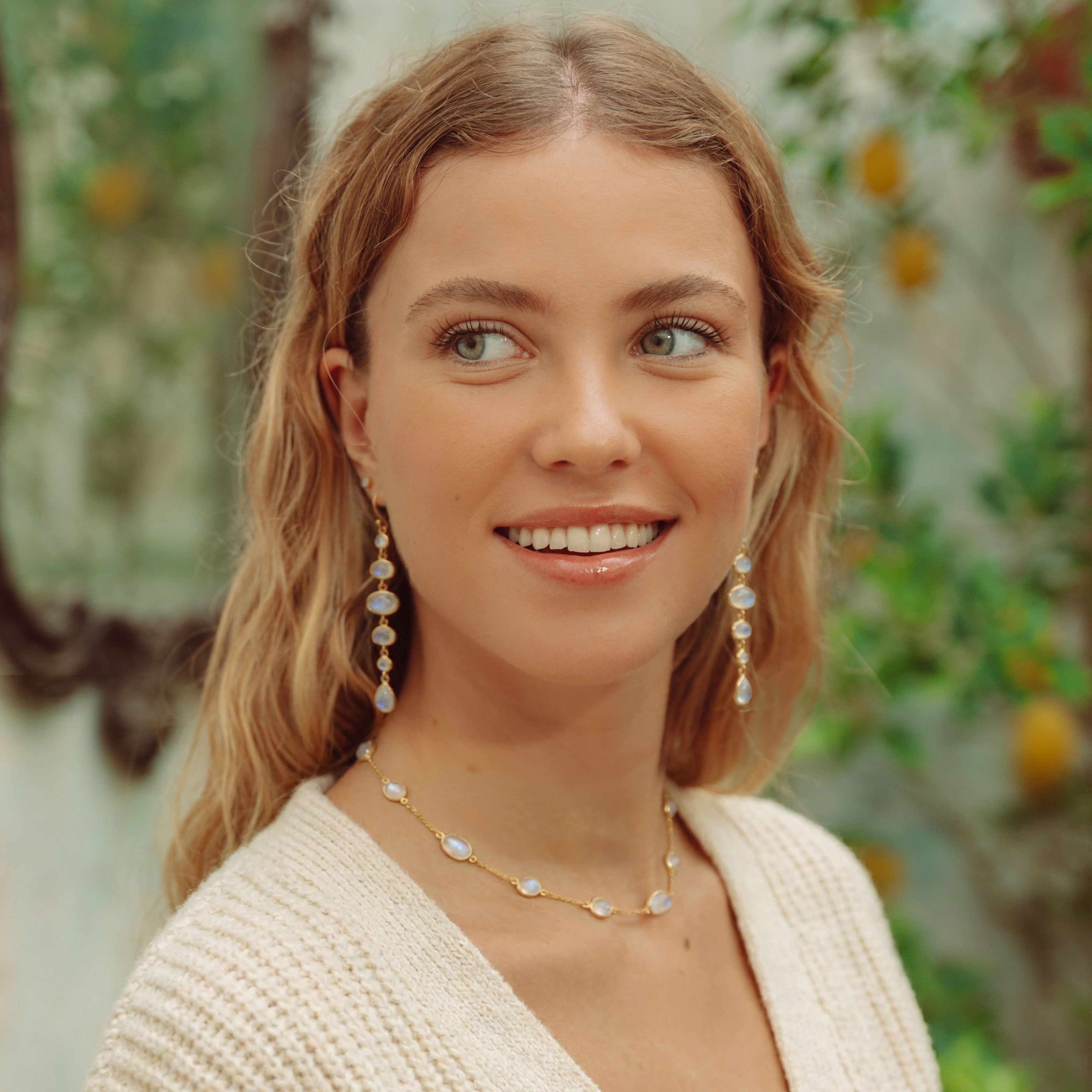 Marilyn Necklace and Cascade Earrings in Gold With Moonstone