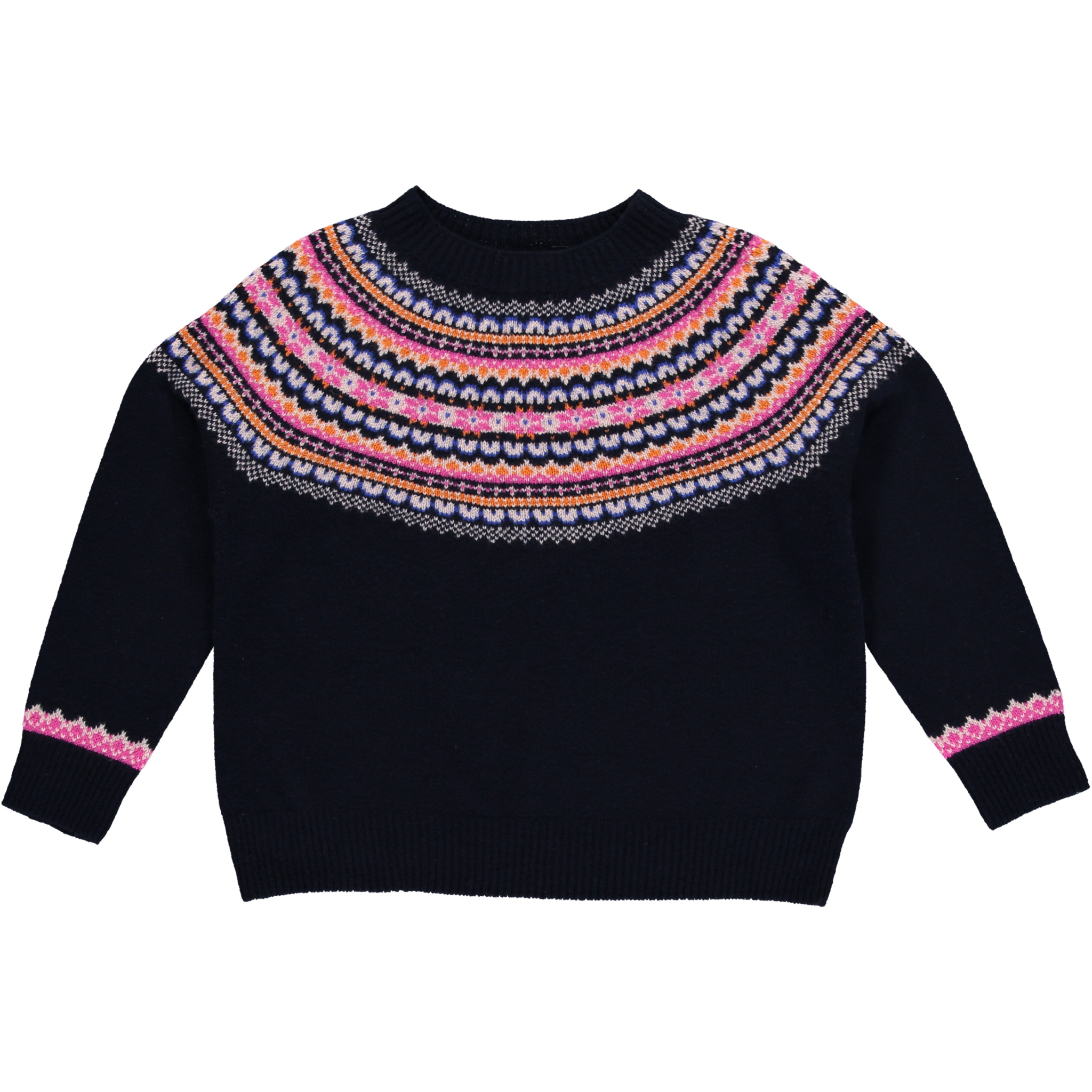 Fairisle Jumper in Deep Navy With Orangey-Pink Glow