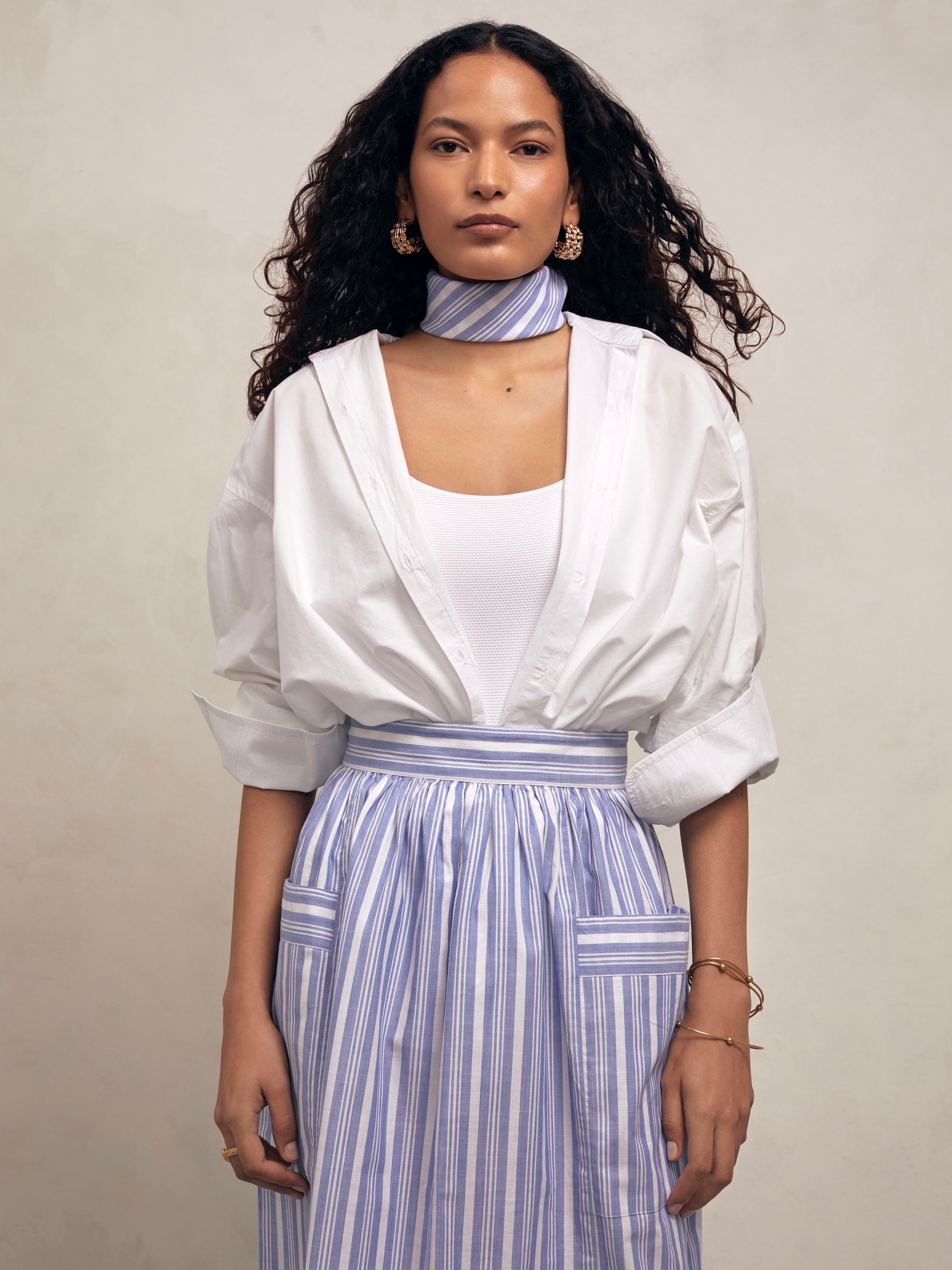 Lulu - Blue Tented Stripe Woven Linen Cotton Skirt