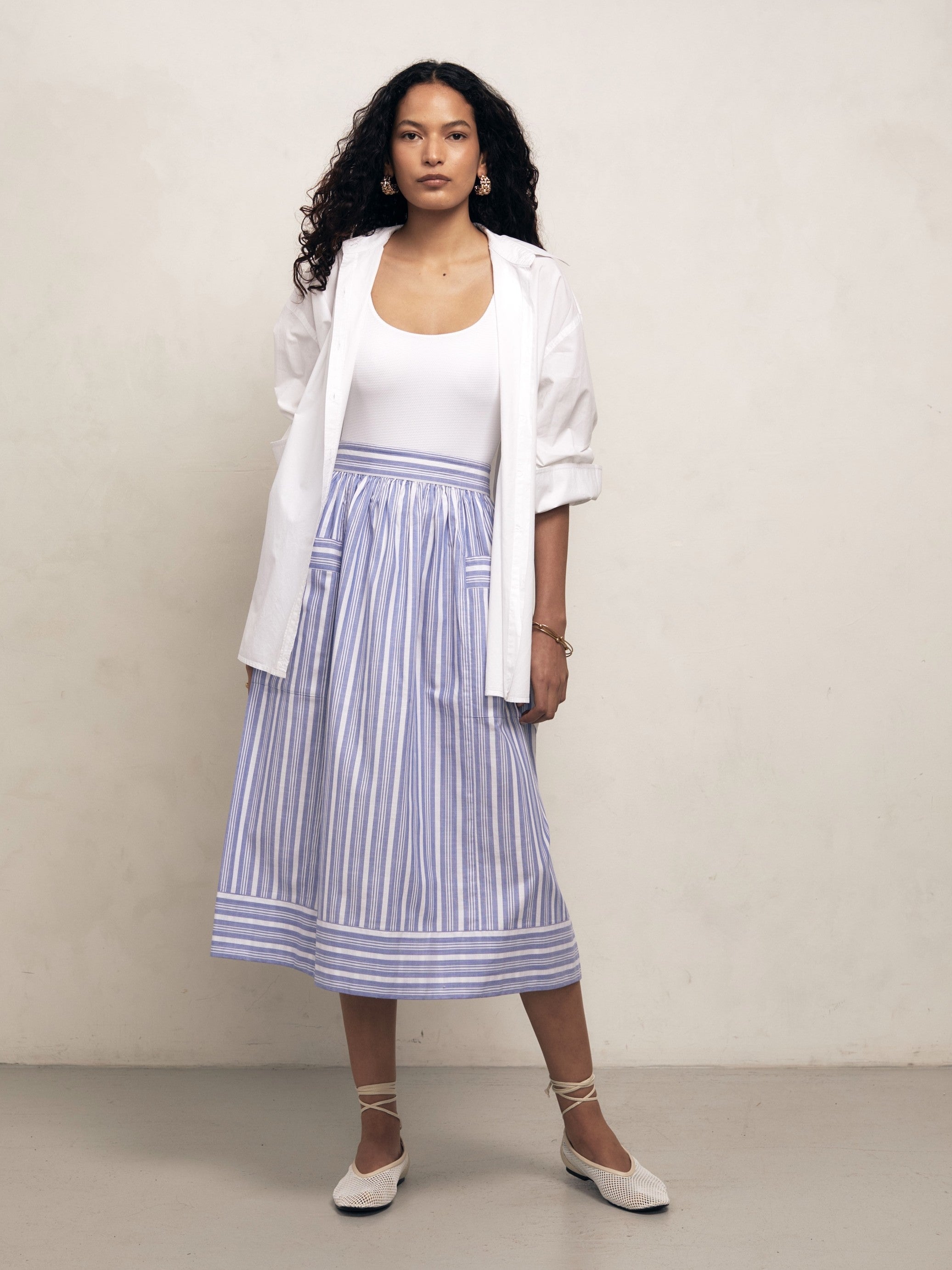 Lulu - Blue Tented Stripe Woven Linen Cotton Skirt