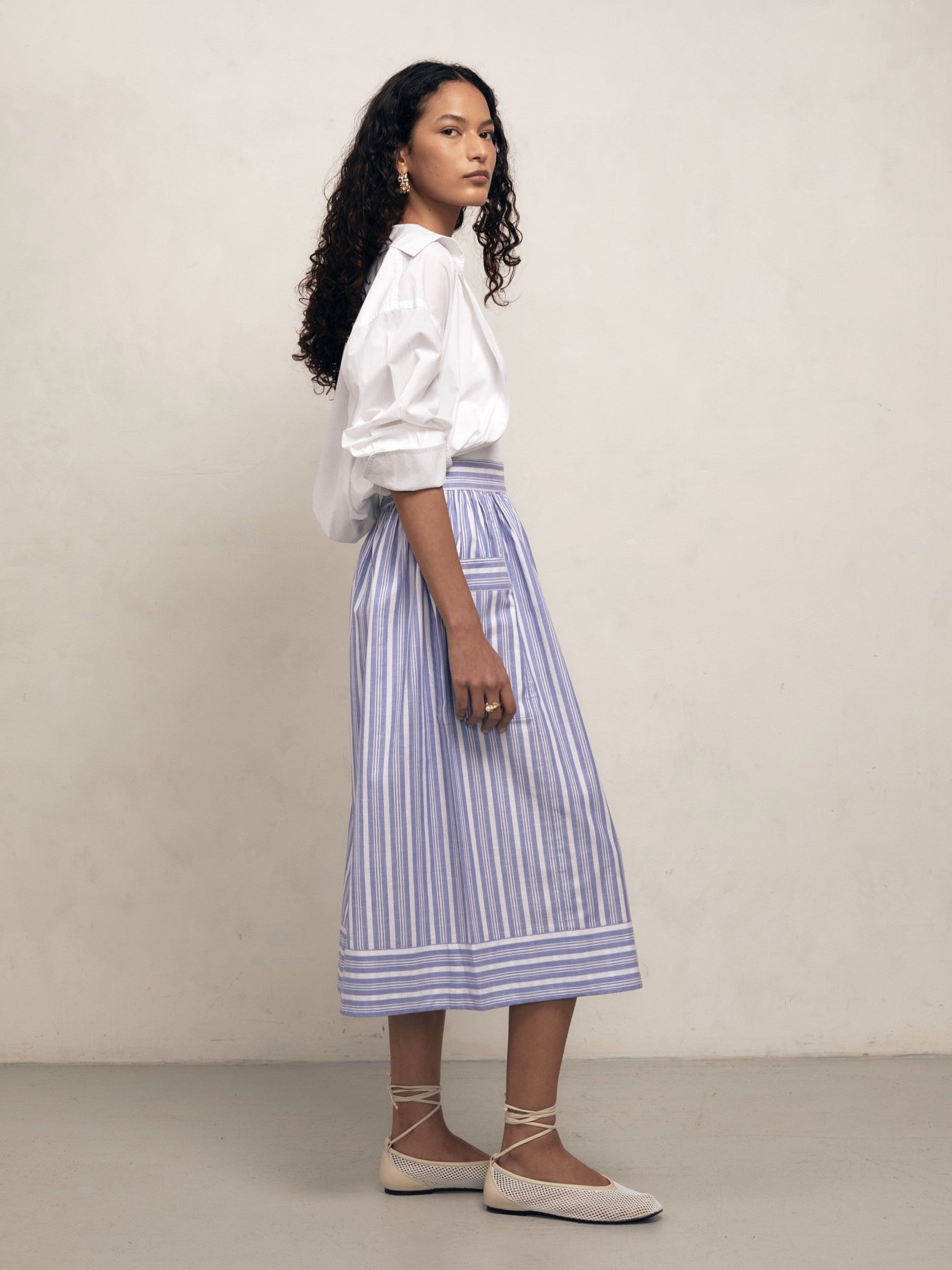 Lulu - Blue Tented Stripe Woven Linen Cotton Skirt