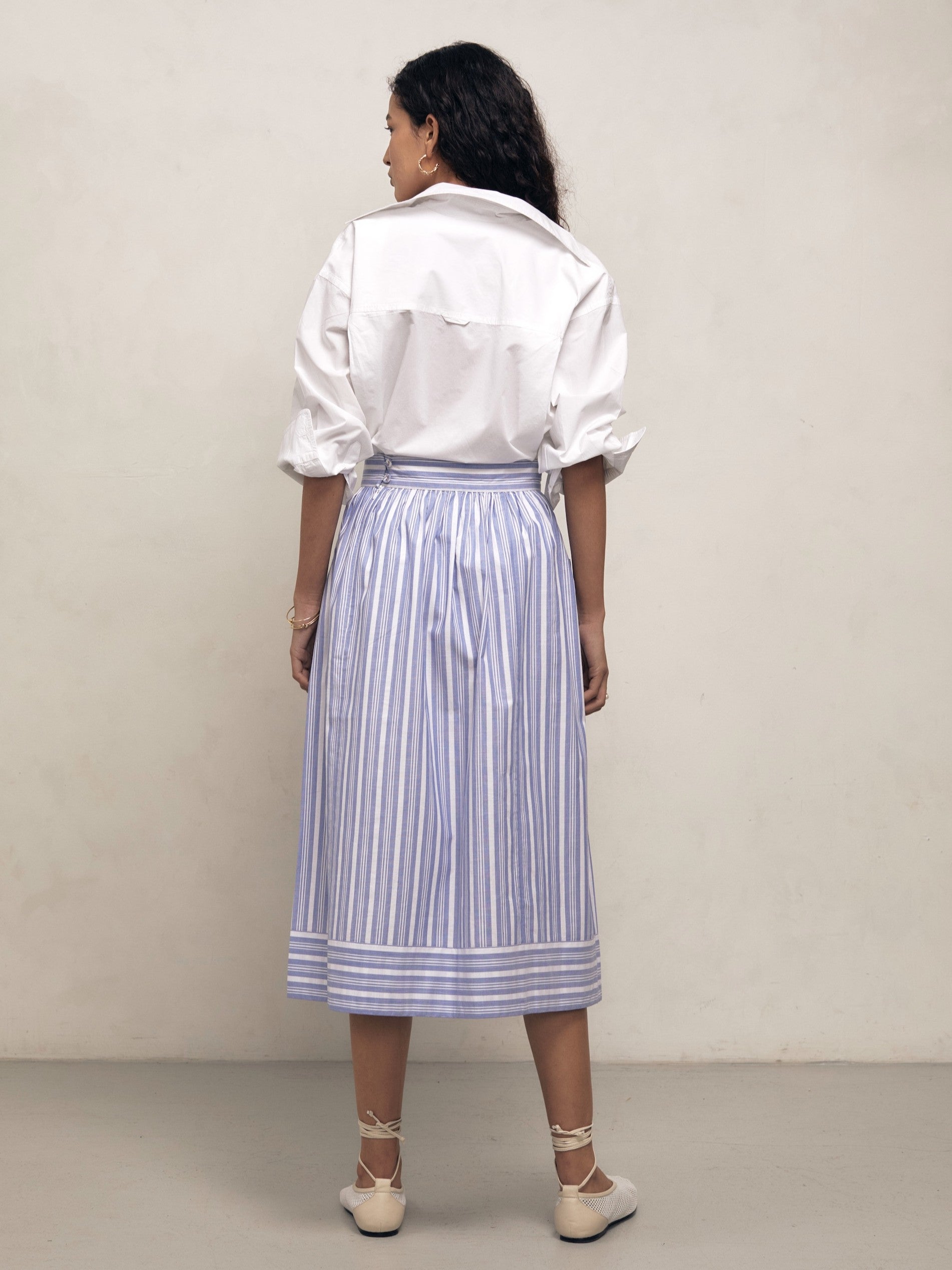 Lulu - Blue Tented Stripe Woven Linen Cotton Skirt