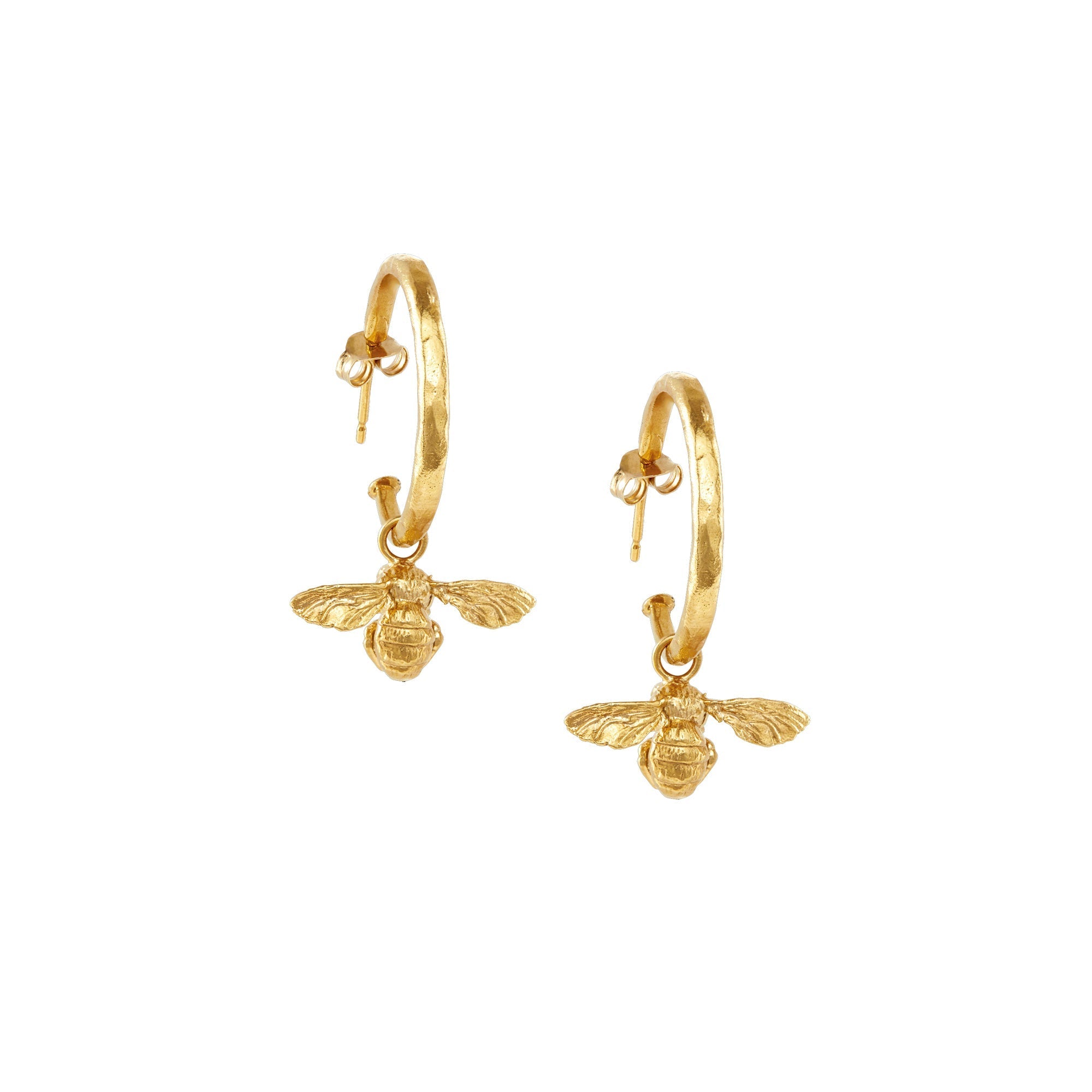 Gold Little Bee Hammered Hoop Earrings