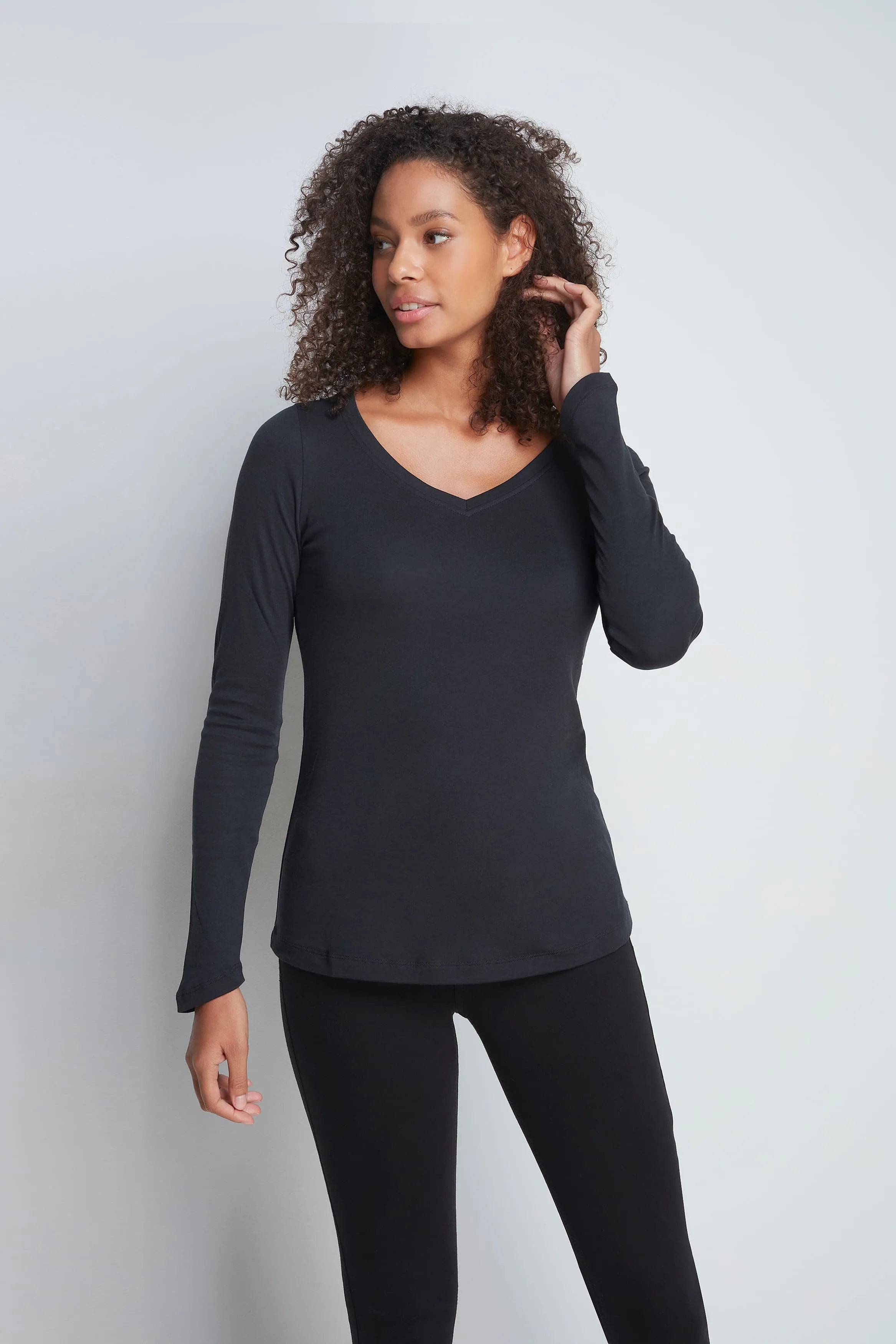 Long Sleeve v Neck Cotton Modal Blend T-Shirt