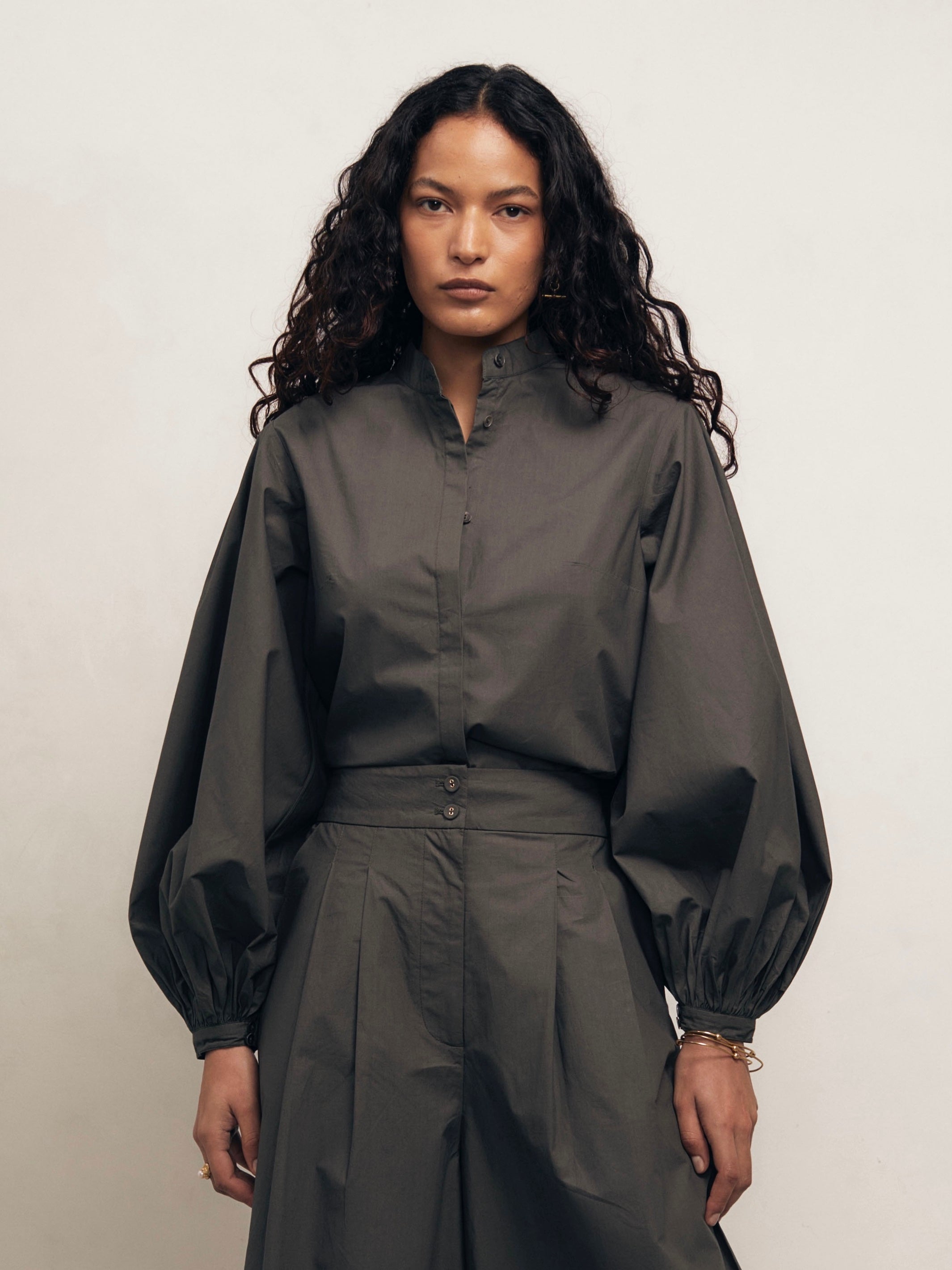 Maia - Dark Khaki Poplin Blouse