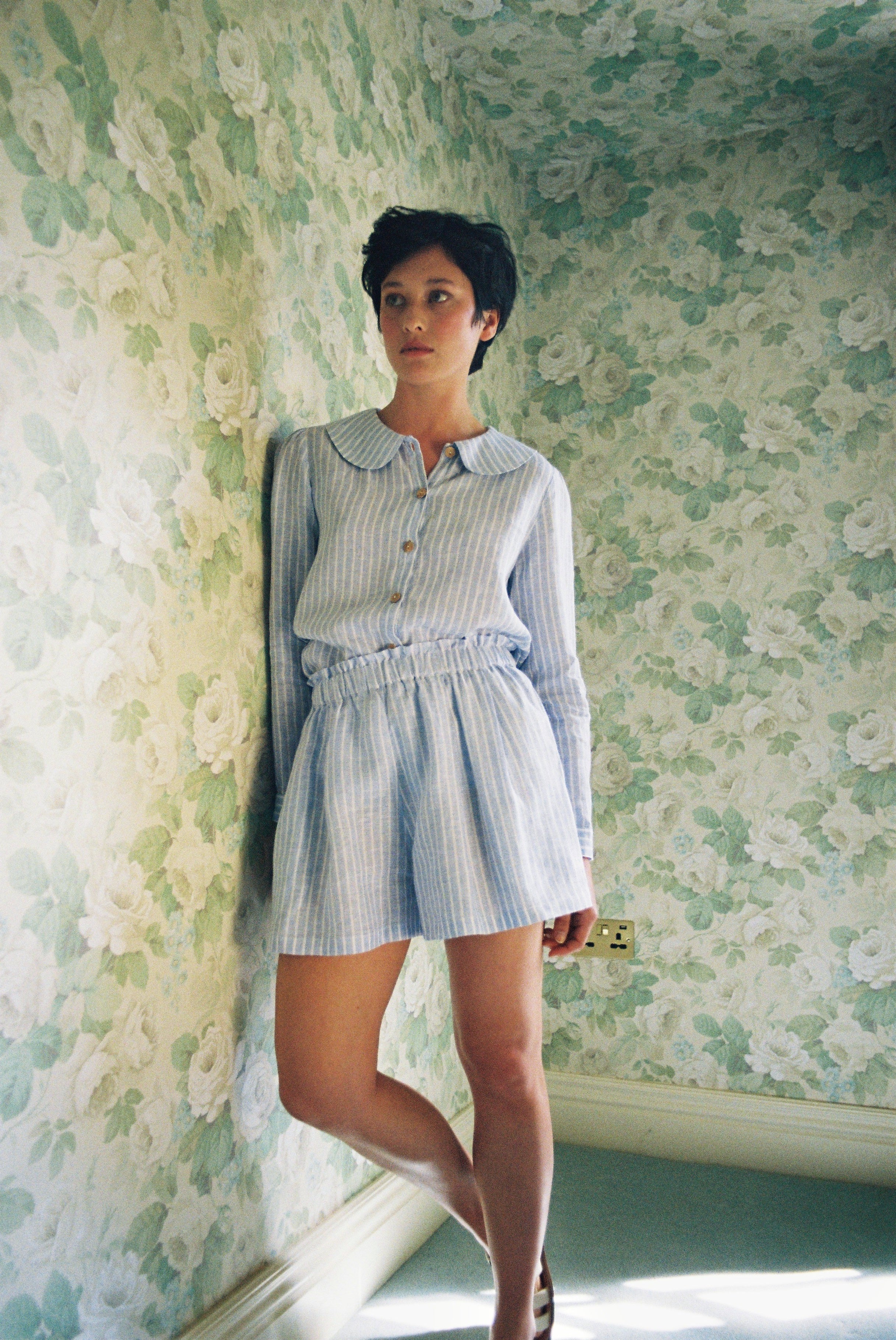 Olivia Linen Shorts - Baby Blue Stripe