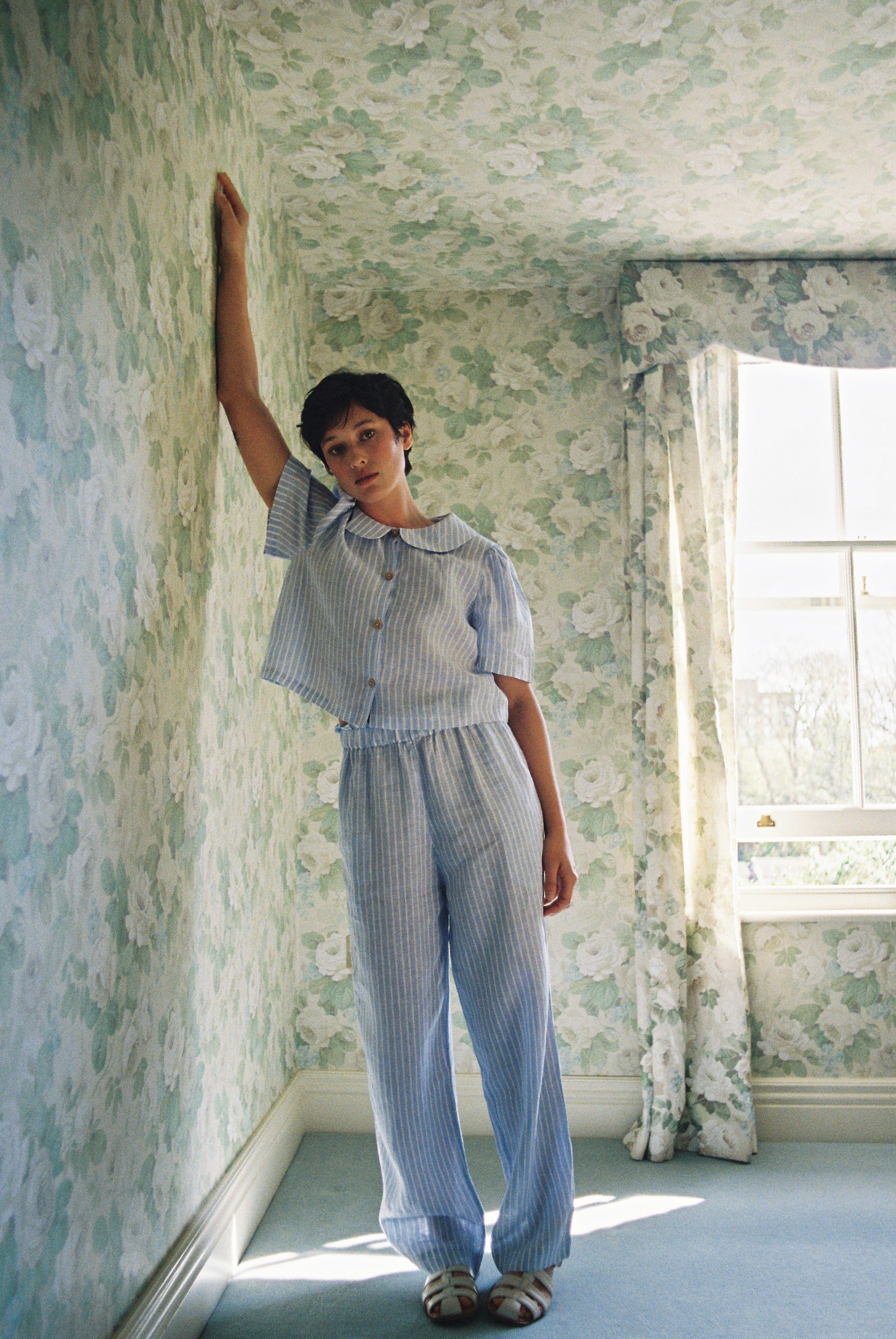 Maya Linen Trousers - Baby Blue Stripe