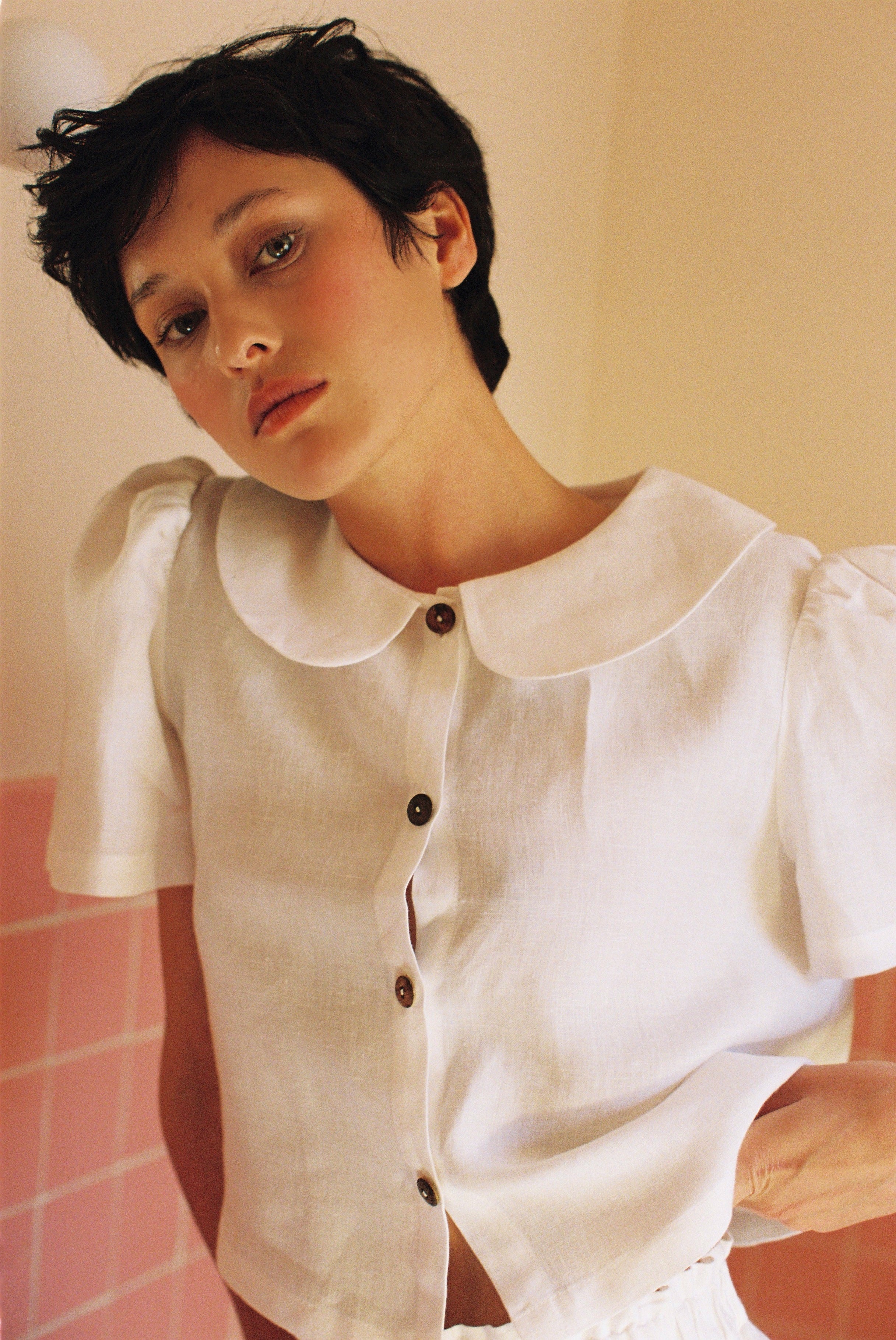 Frances Linen Cropped Blouse - White