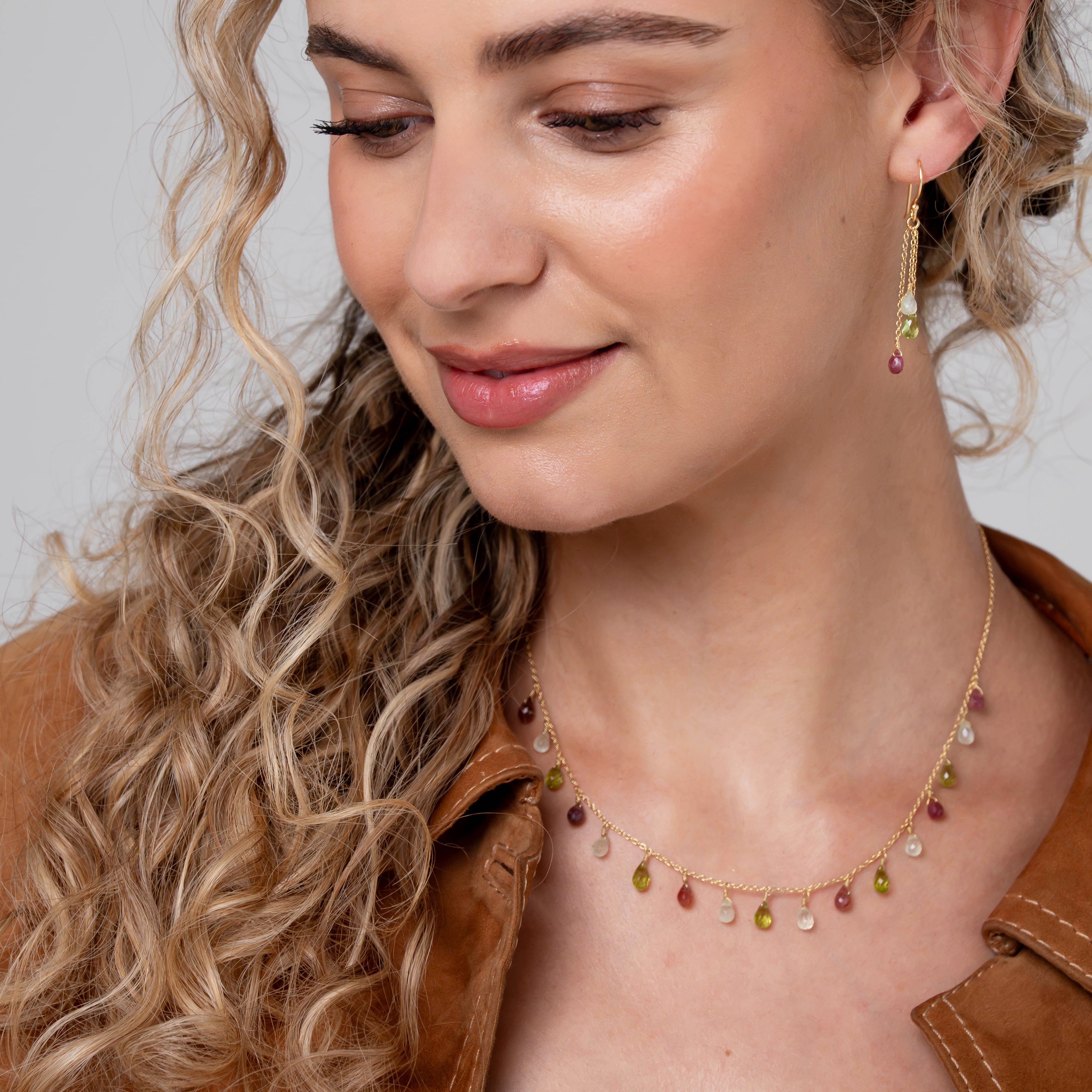 Floret Necklace and Dual Earrings in Peridot, Tourmaline and Prehnite
