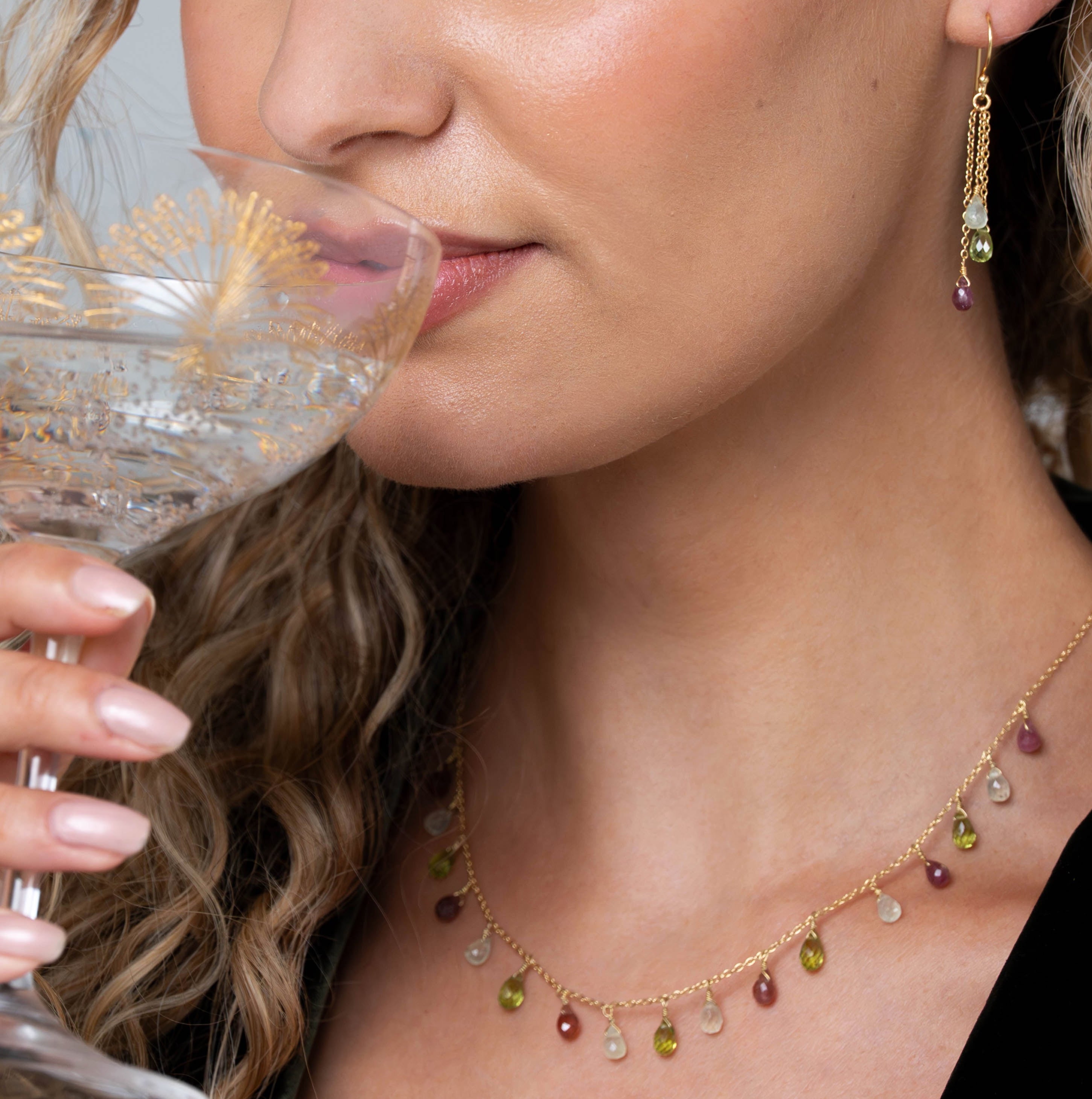 Floret Necklace and Dual Earrings in Peridot, Tourmaline and Prehnite