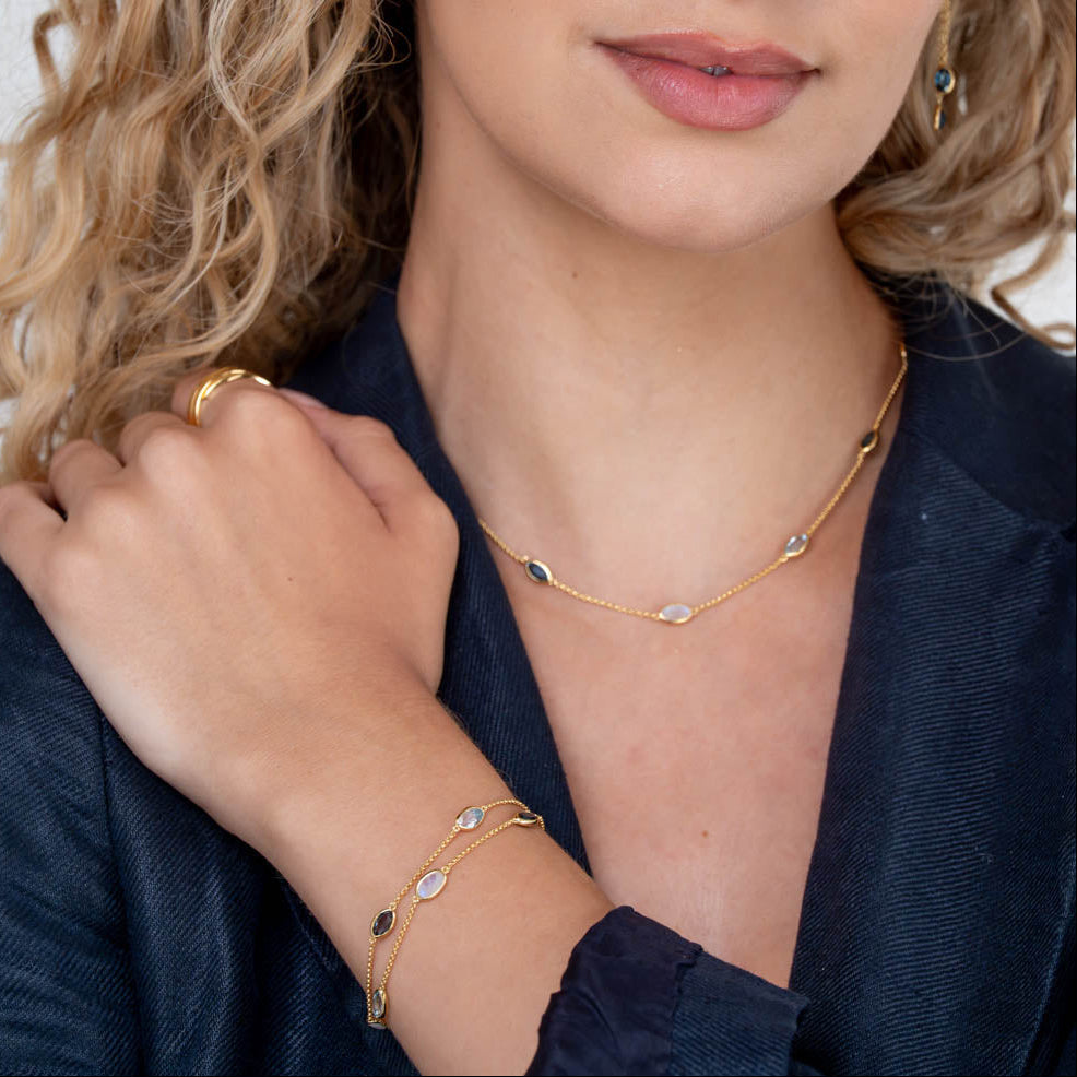 Lola Bracelet in Gold With London Blue Topaz, Sky Blue Topaz and Rainbow Moonstone