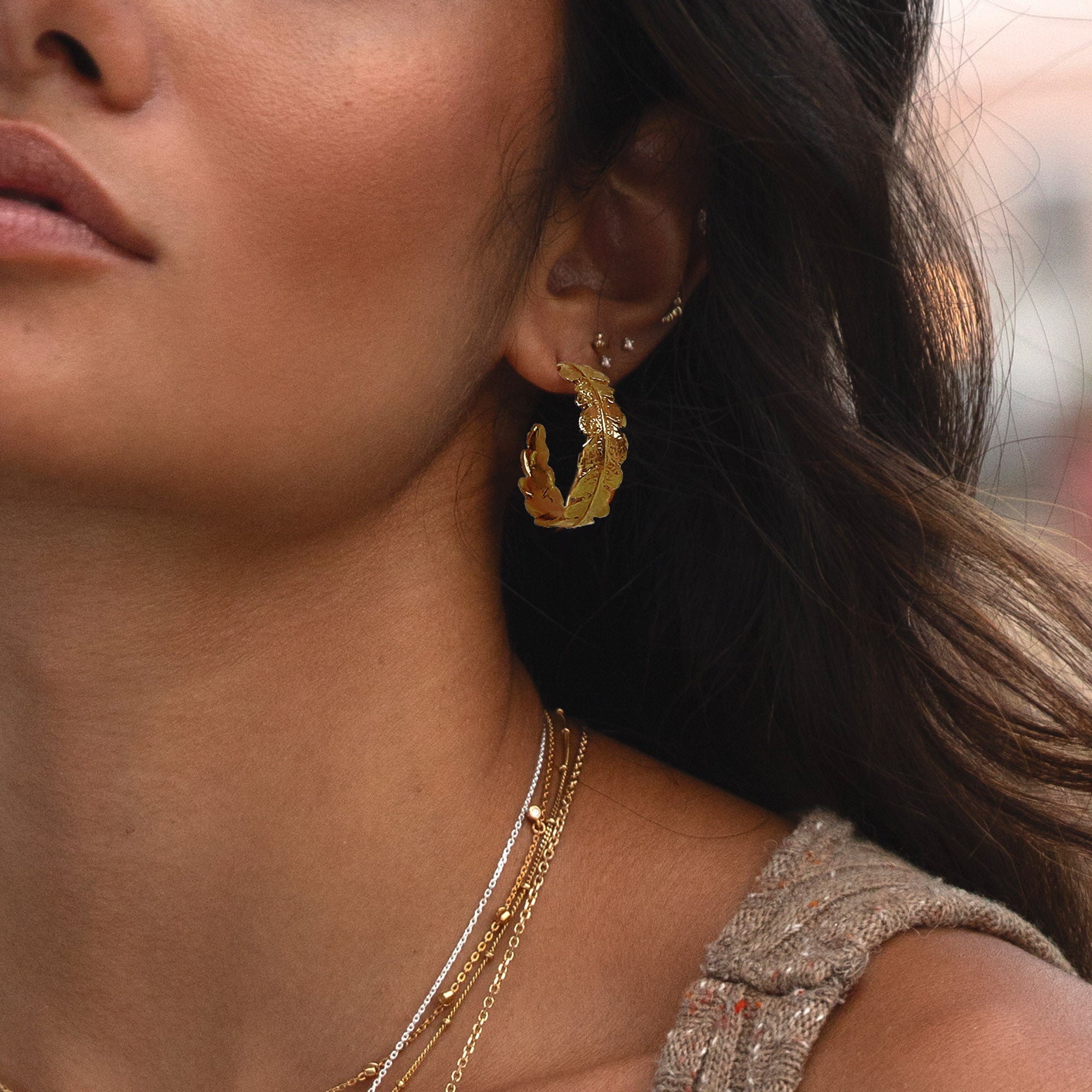 Gold Crown Fern Hoop Earrings