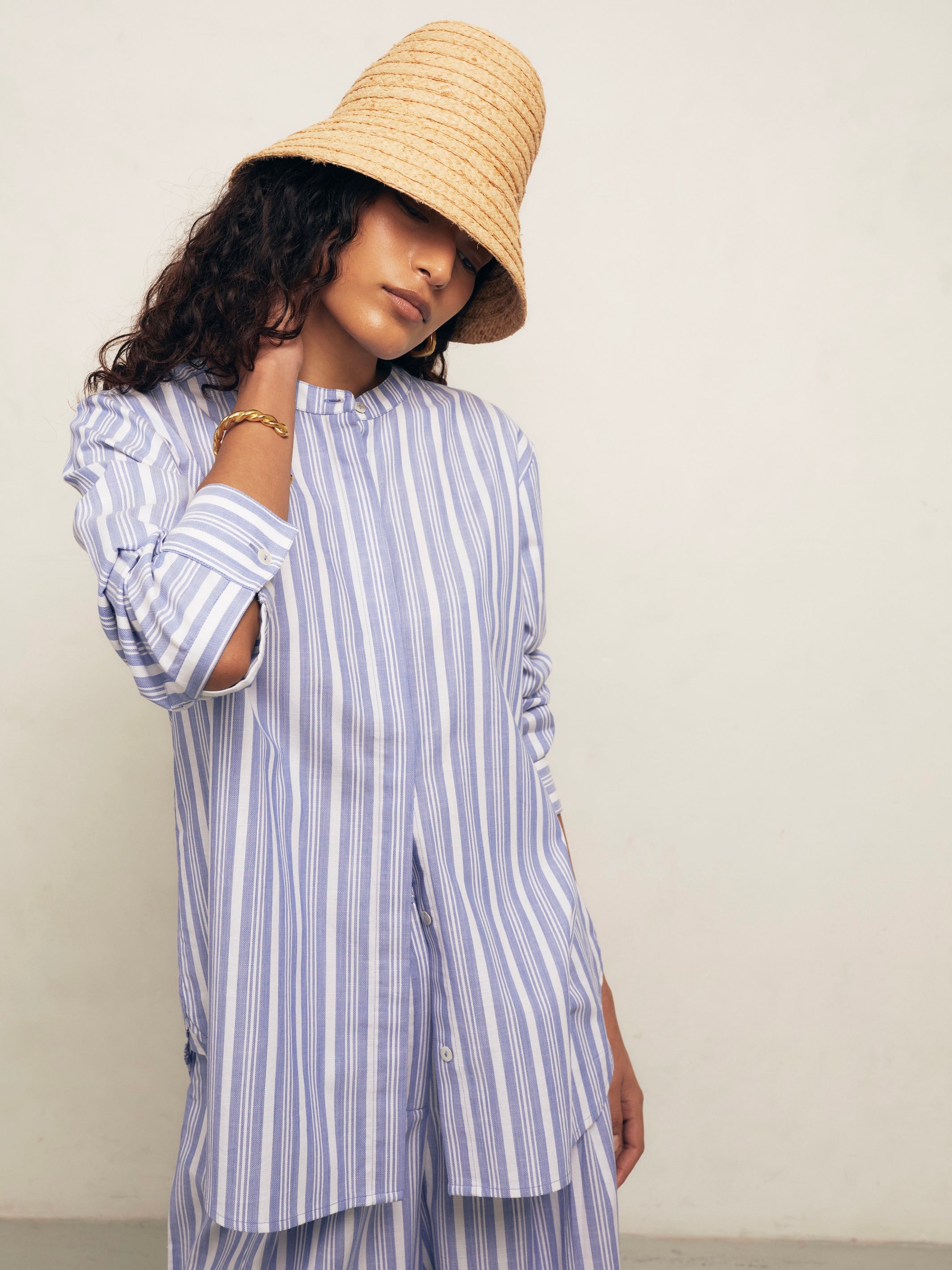 Pierre Shirt - Blue Tented Stripe Woven Linen Cotton