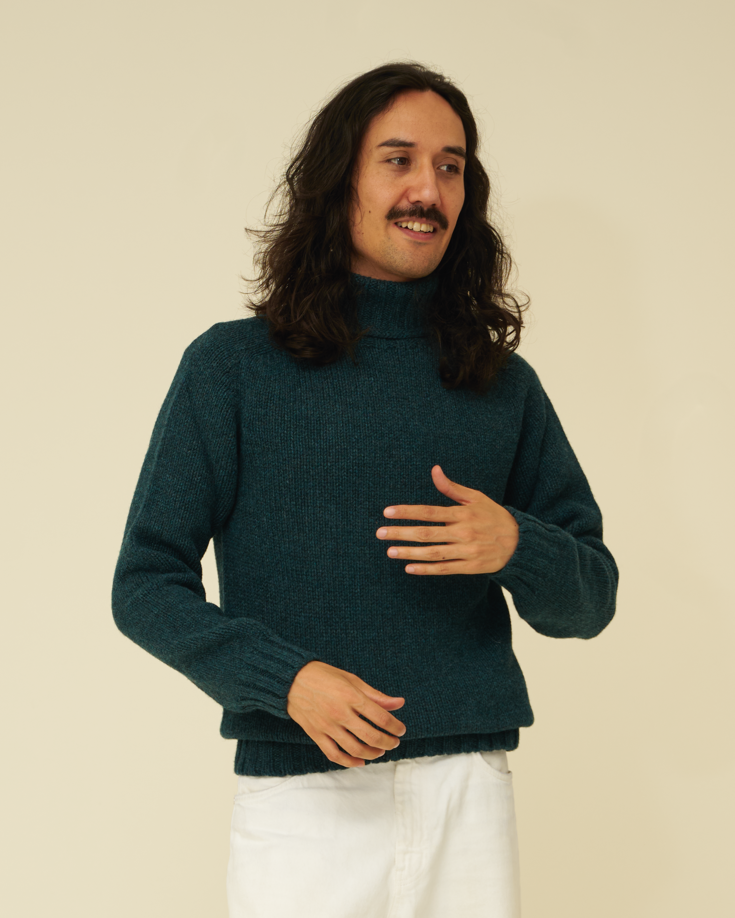 Chunky Merino Lambswool Roll Neck - Petrol Green (Knitted-to-Order)