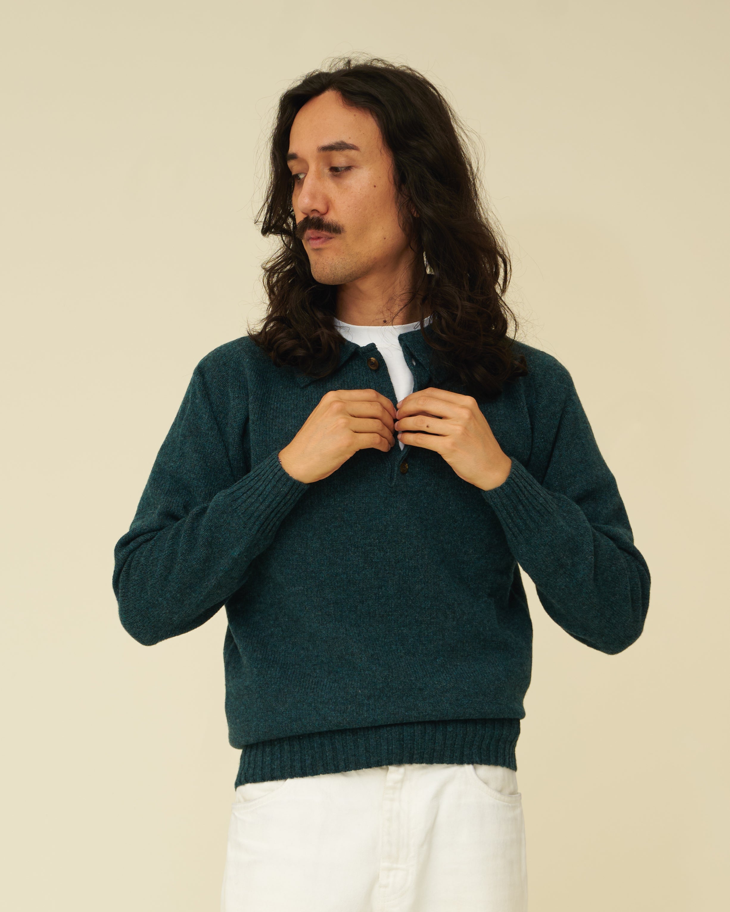 Merino Lambswool Rugby Jumper - Petrol Green (Knitted-to-Order)