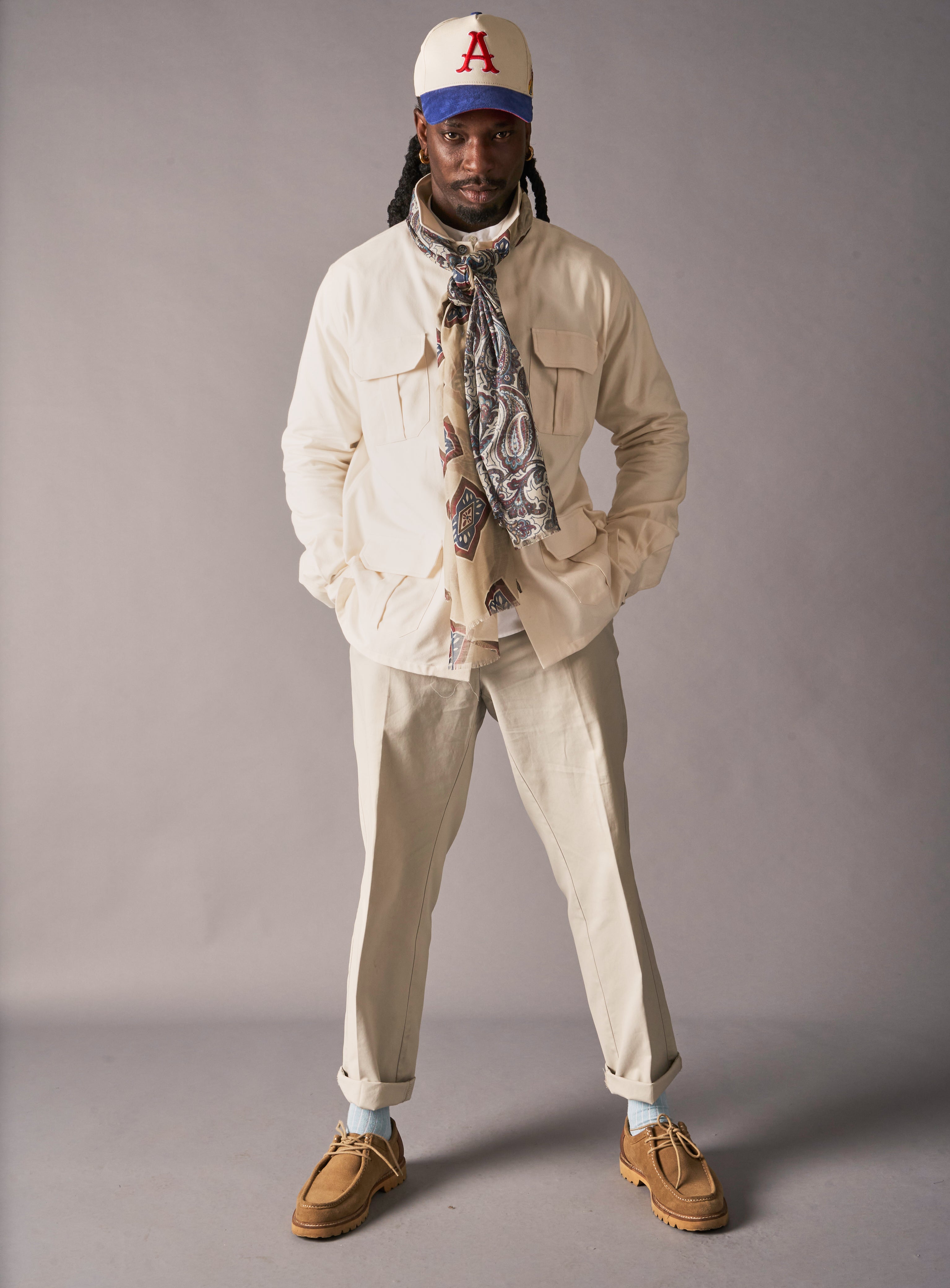 Cotton & Cashmere Wool Medallion Cream Neck Scarf