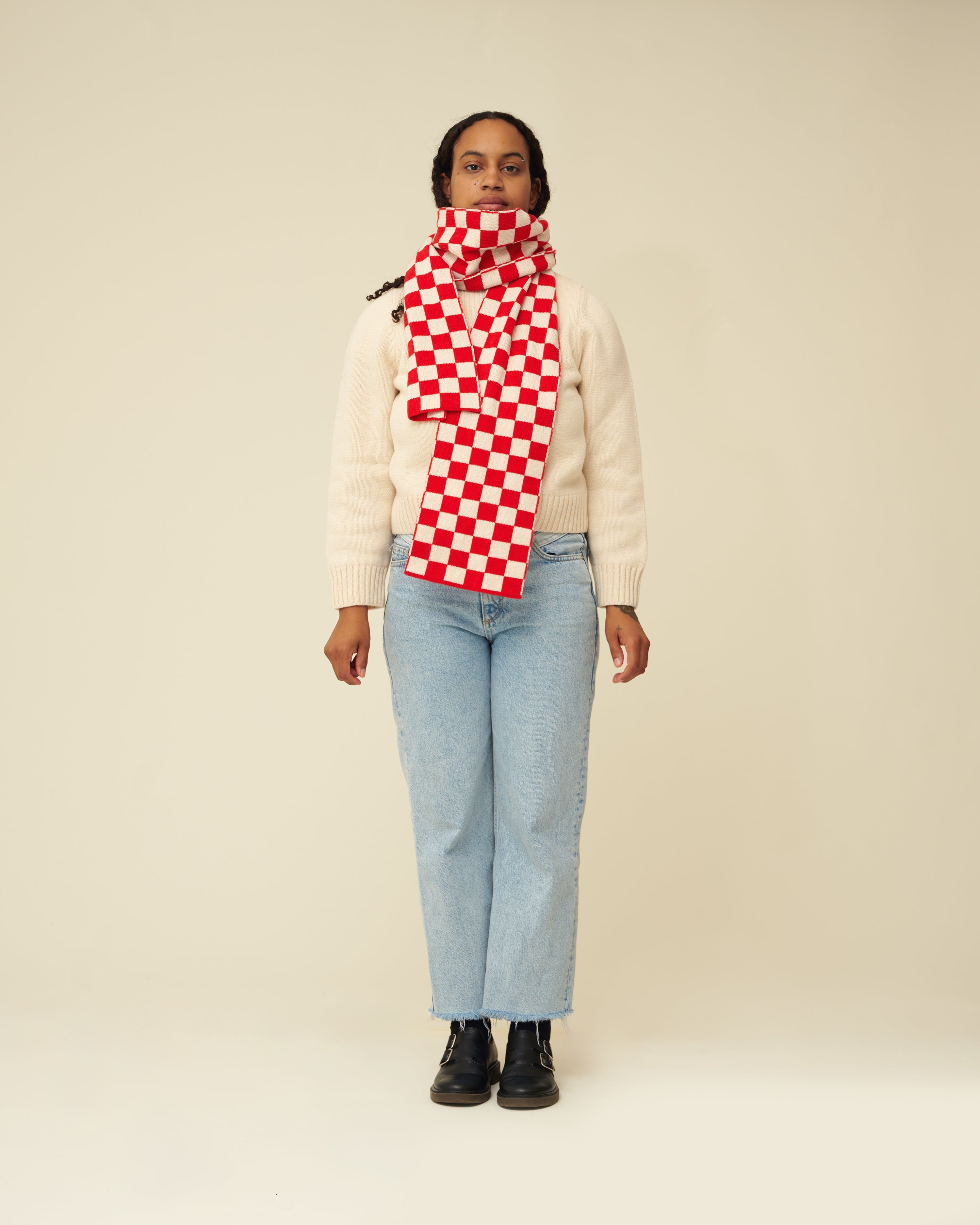 Checkerboard Merino Lambswool Scarf - Poppy Red & Ecru (Knitted-to-Order)