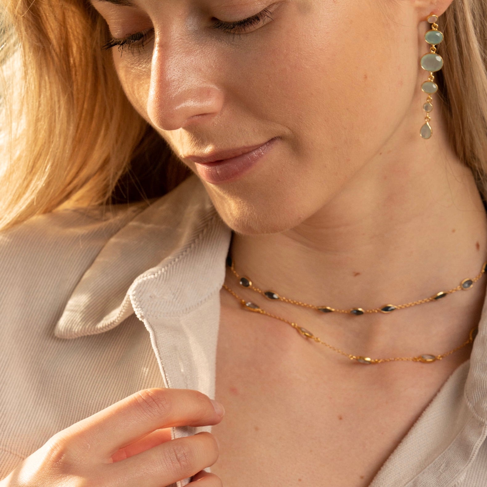 Cascade Earrings in Gold with Aqua chalcedony