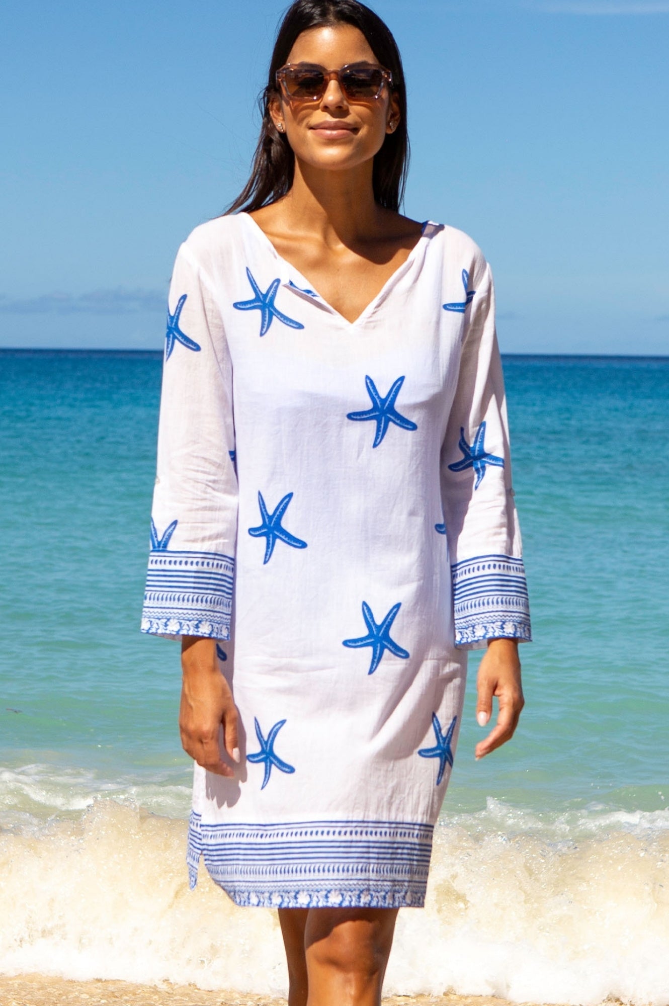 Guadalupe Short Organic Cotton Tunic | Starfish White/Cobalt