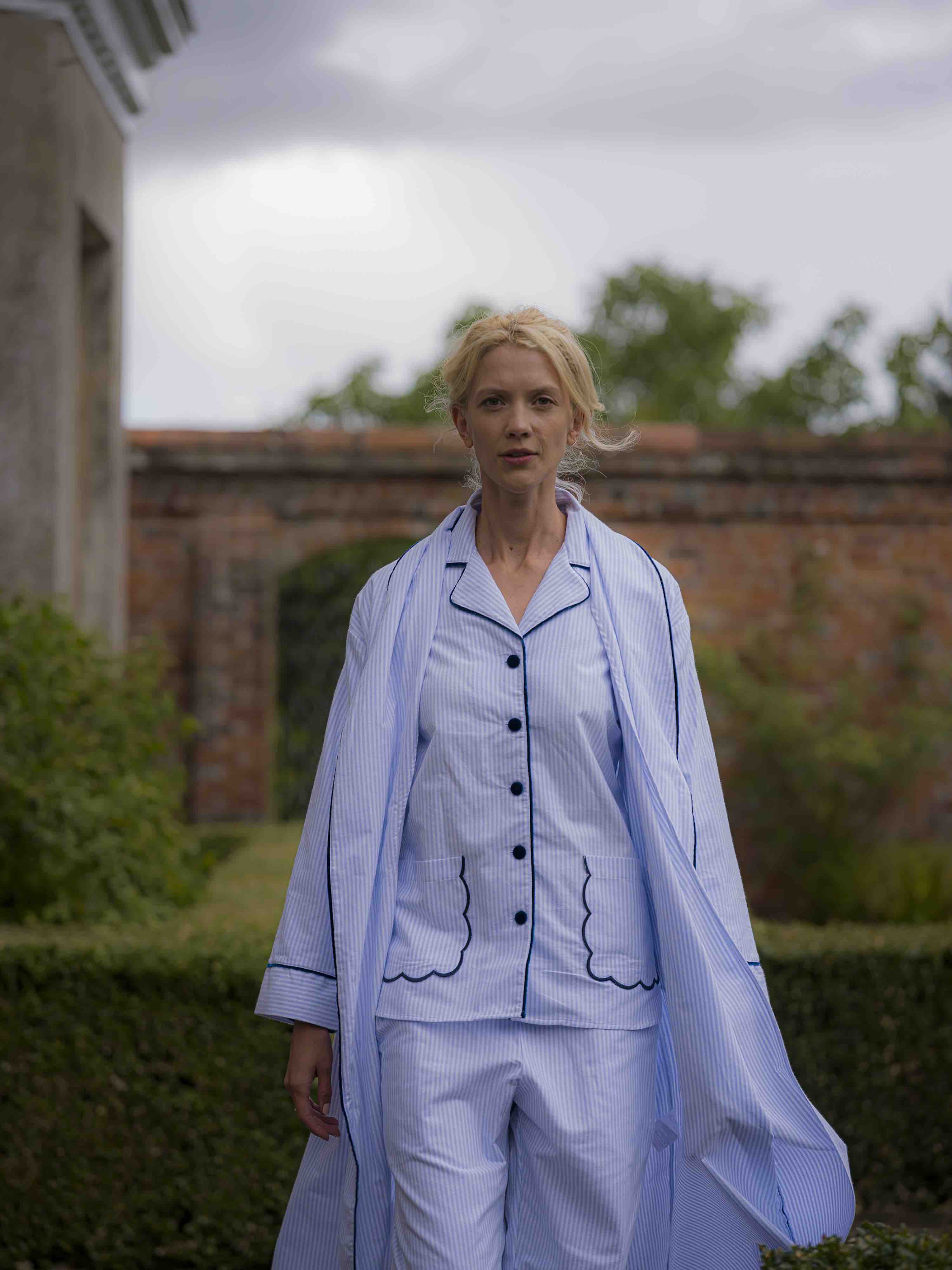 Blue Stripe Scalloped Brushed Cotton Pyjamas