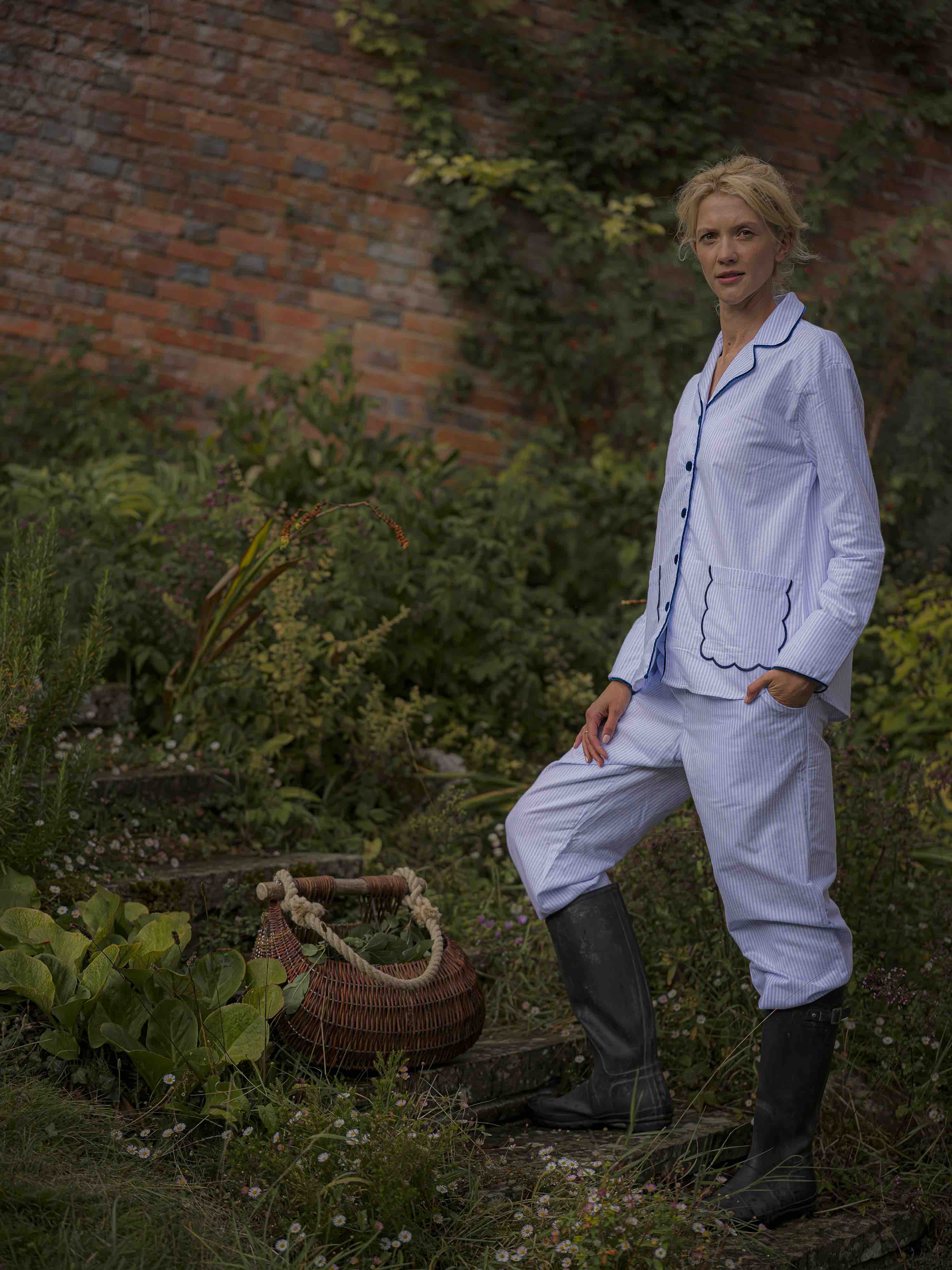 Blue Stripe Scalloped Brushed Cotton Pyjamas