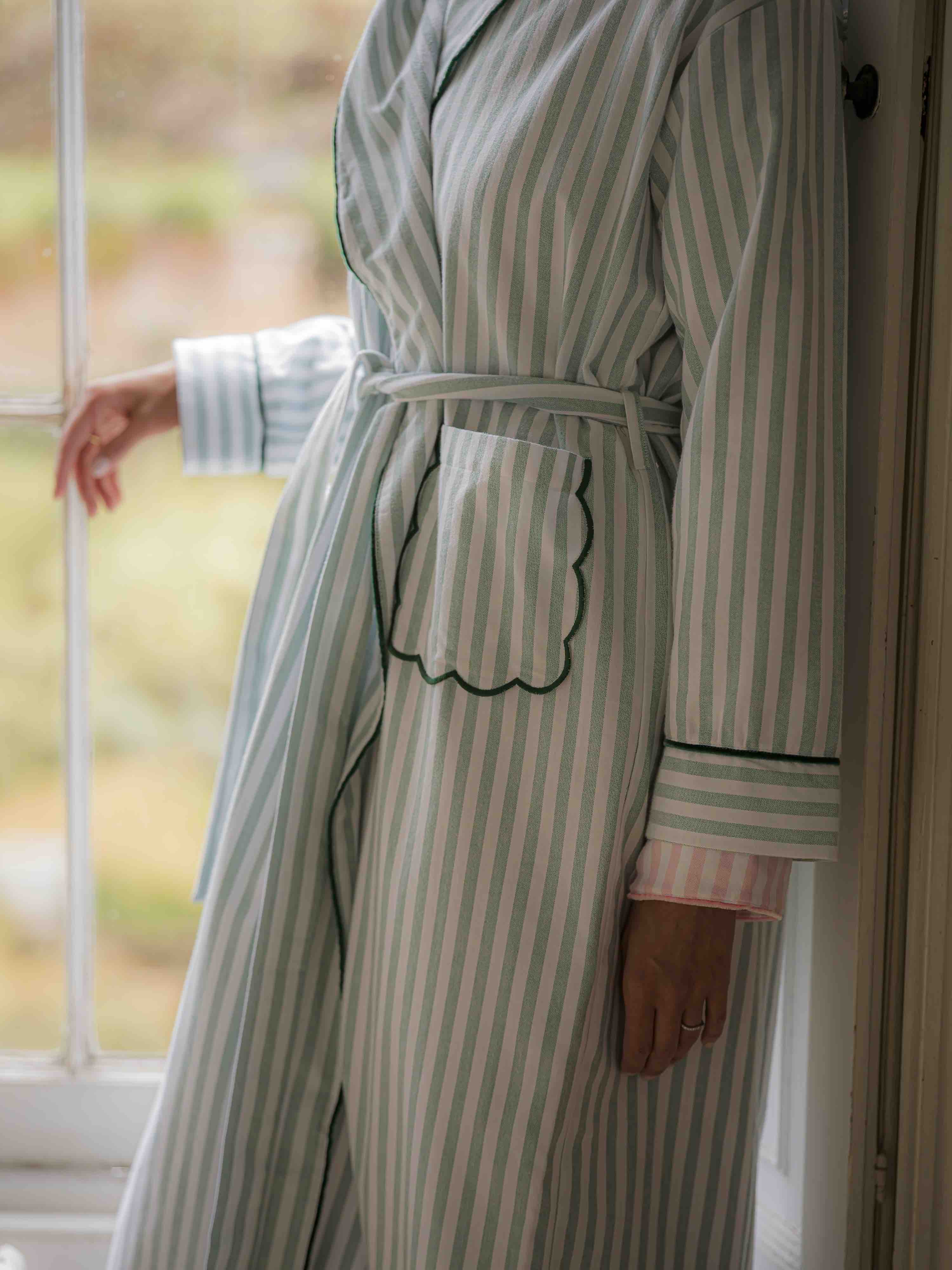 Green Striped Brushed Cotton Robe