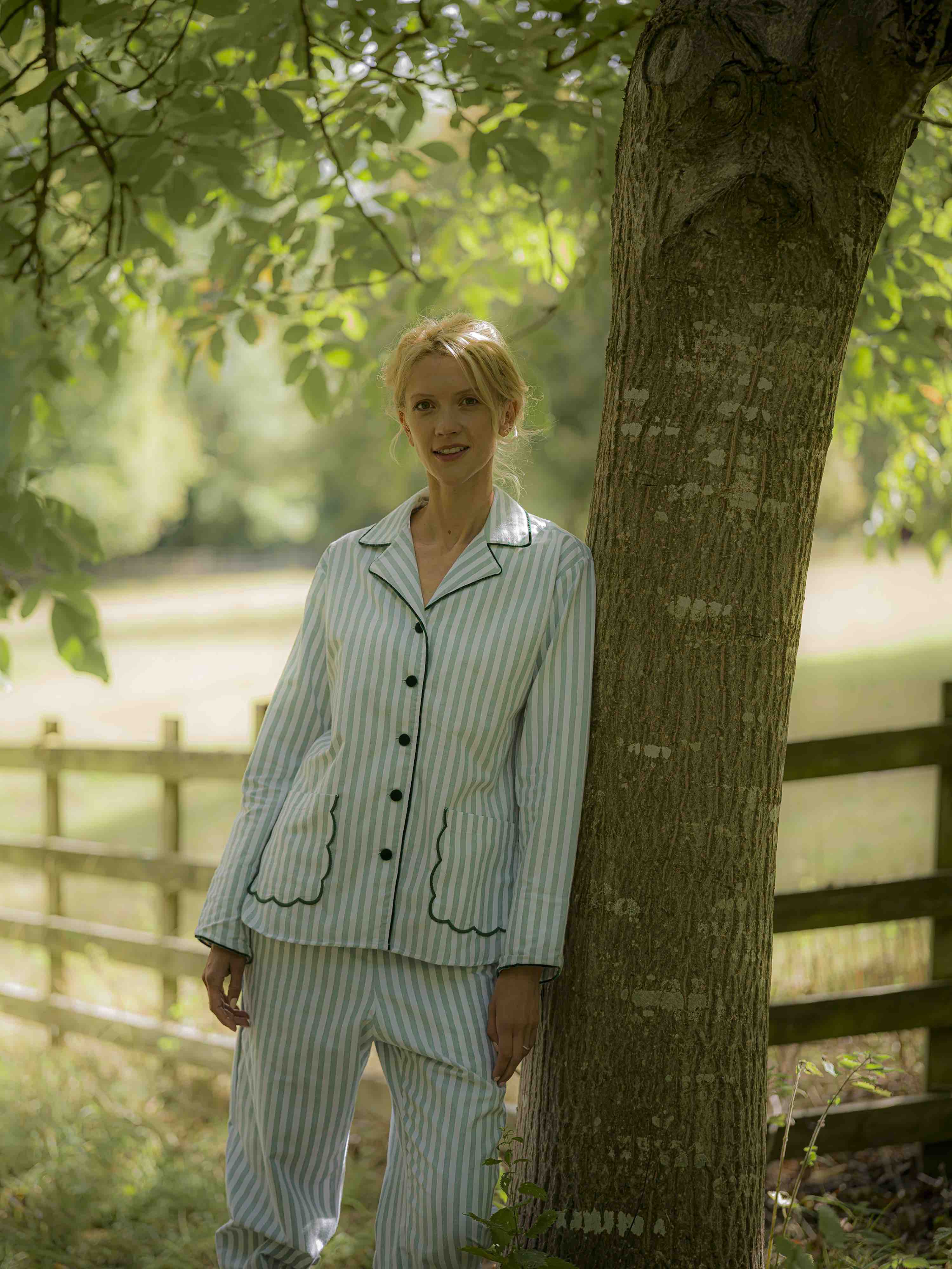 Green Stripe Scalloped Brushed Cotton Pyjamas