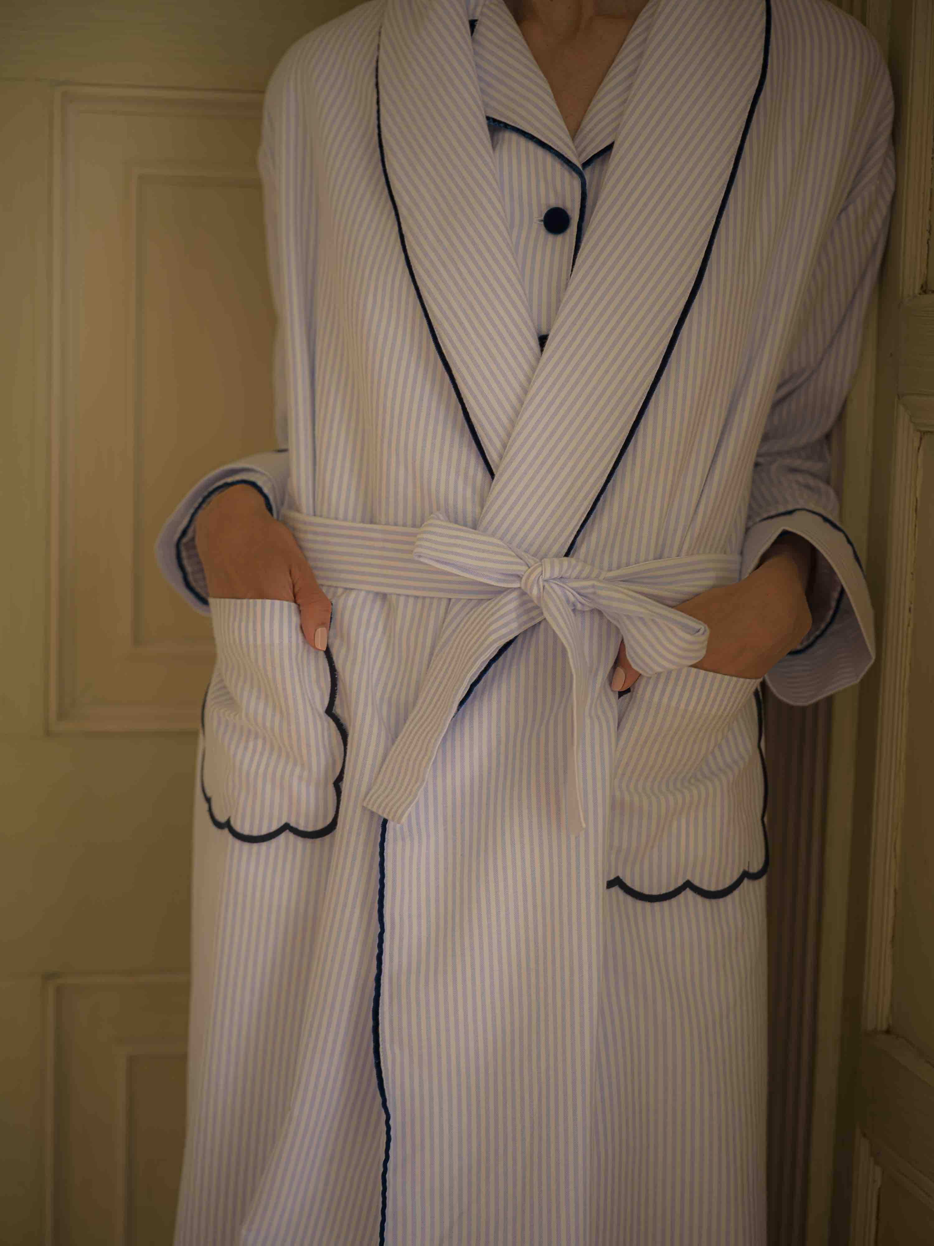 Blue Striped Brushed Cotton Robe