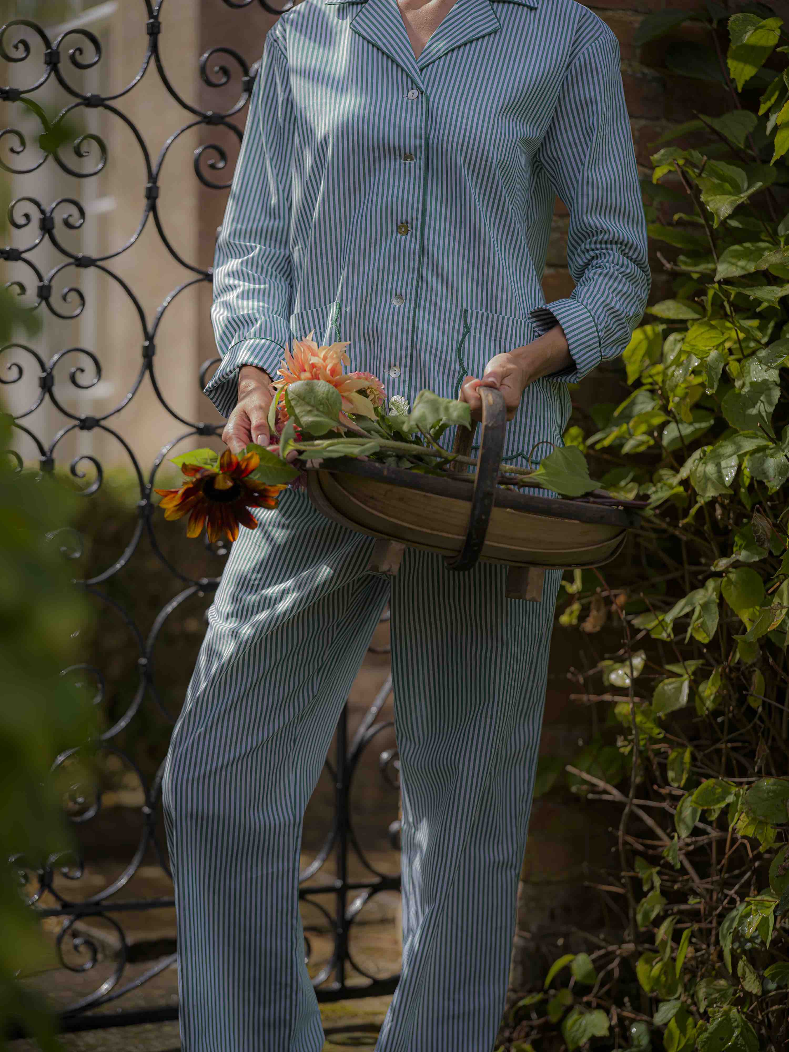 Green Striped Scalloped Pyjama Set Cotton Poplin