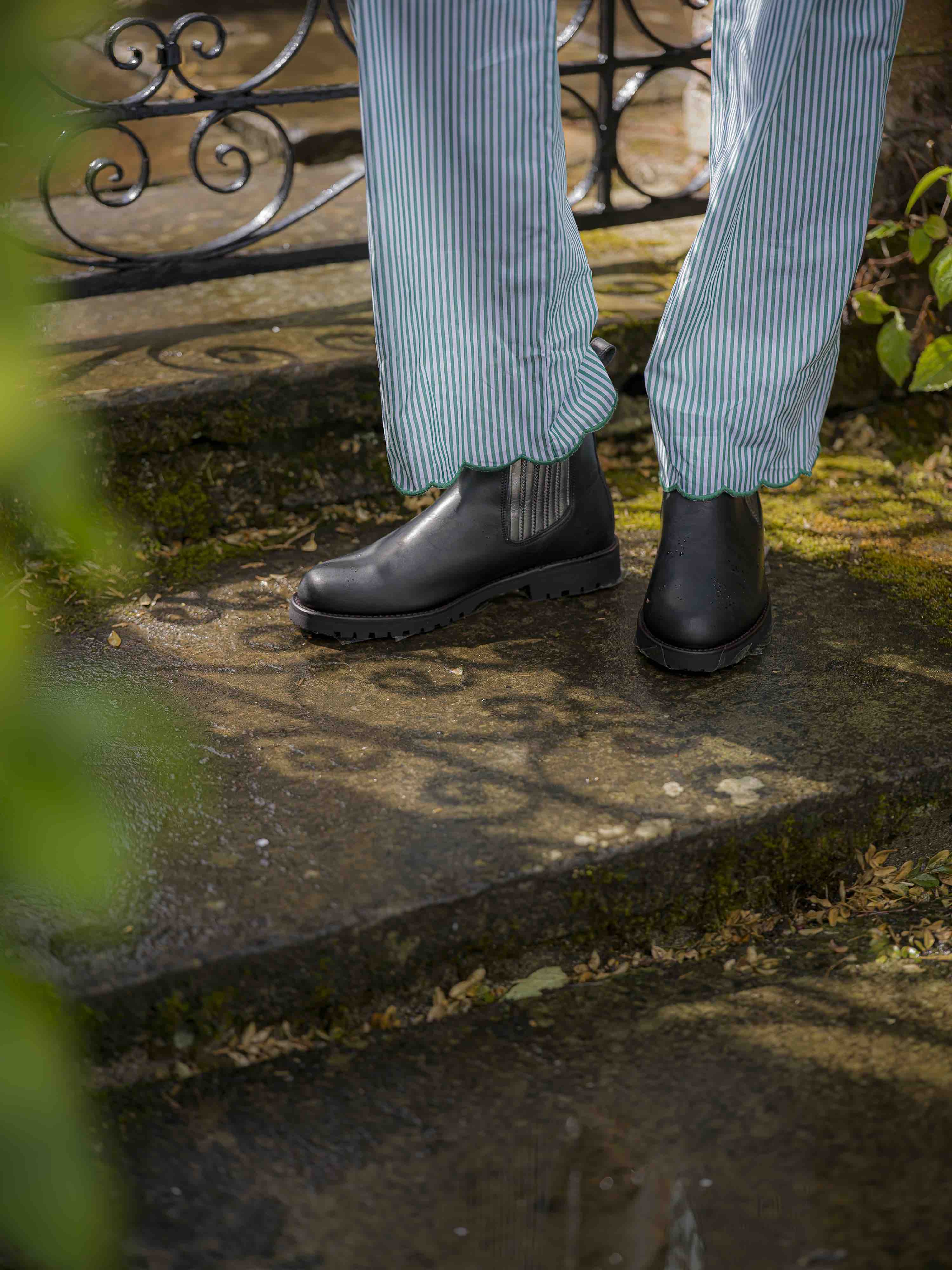 Green Striped Scalloped Pyjama Set Cotton Poplin