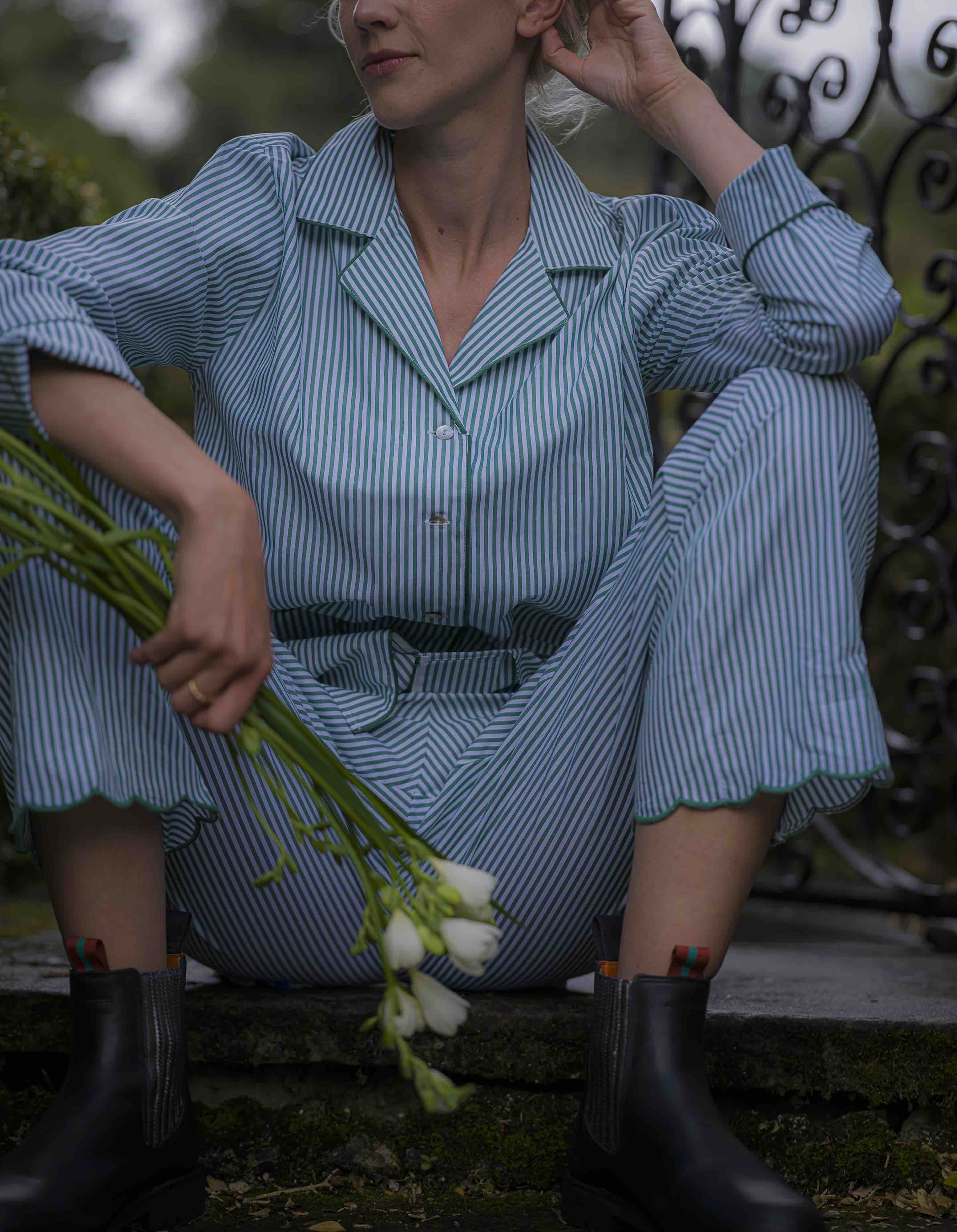 Green Striped Scalloped Pyjama Set Cotton Poplin