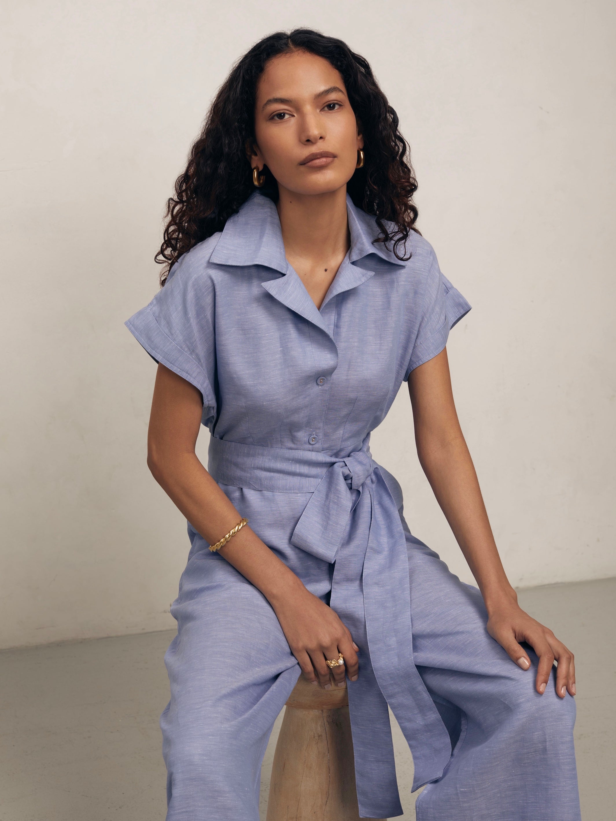 TERESA - Blue Linen Chambray Jumpsuit