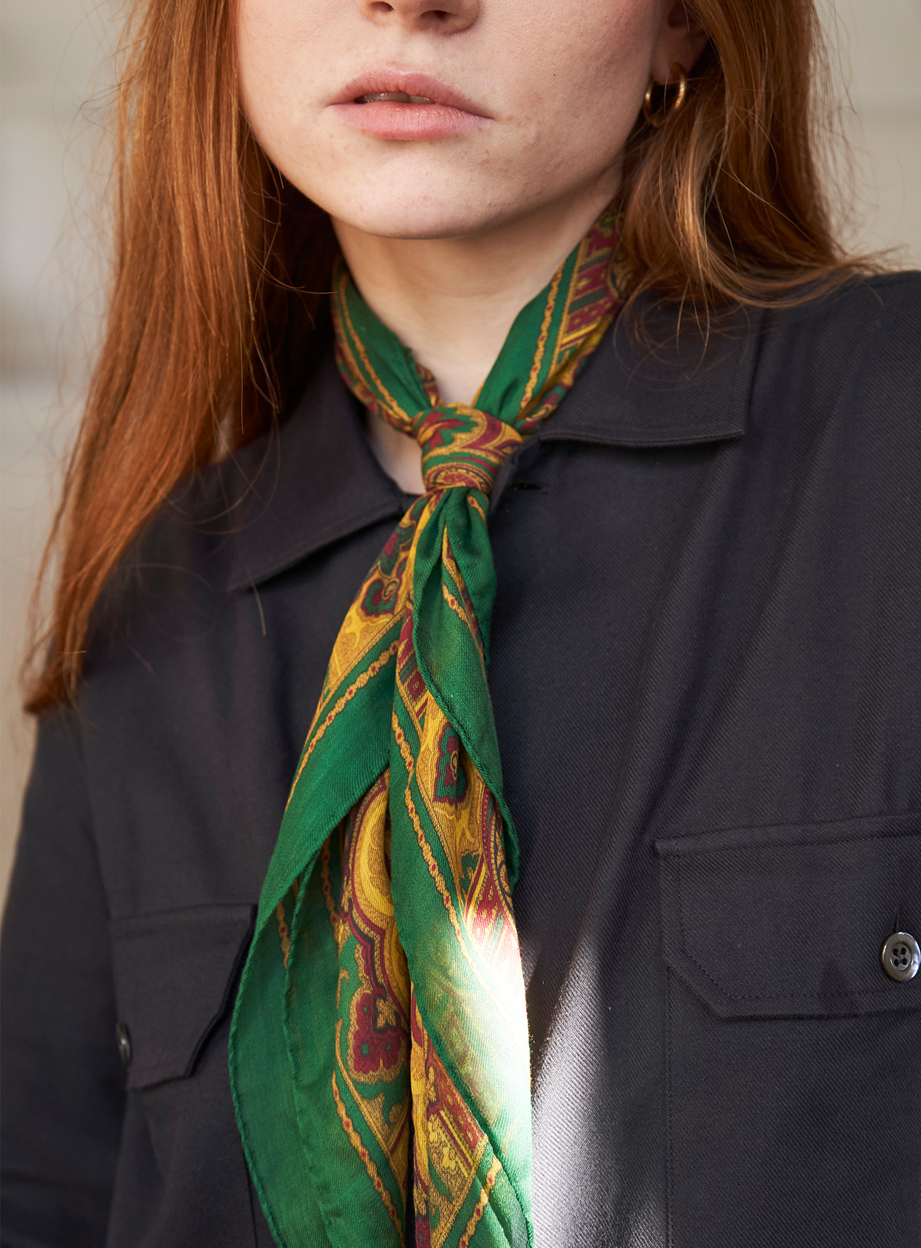 Italian Tencel Green Motif and Mustard Print Neck Scarf
