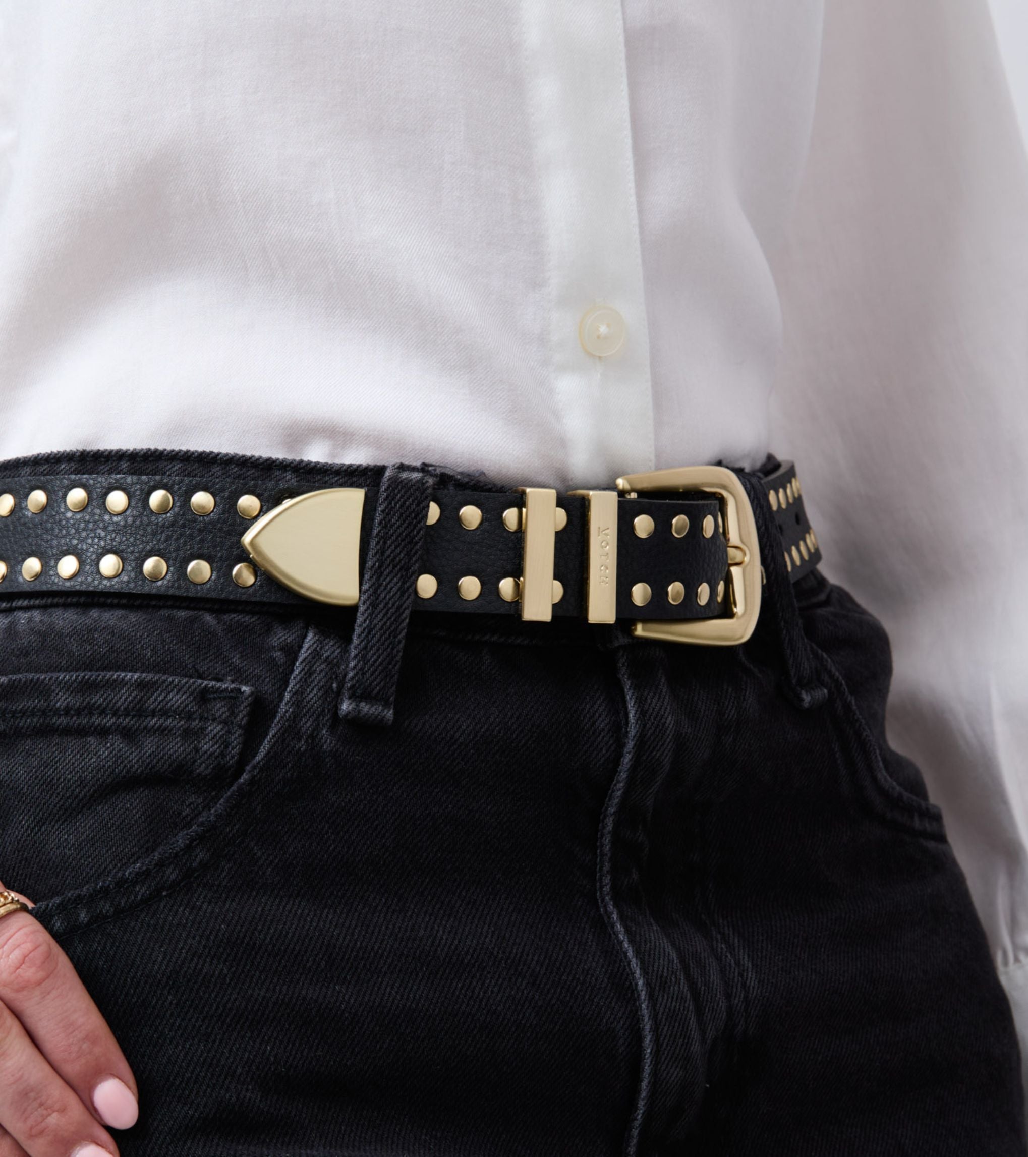 Ayla Vegan Bio-Based Bamboo Western Studded Belt in Black