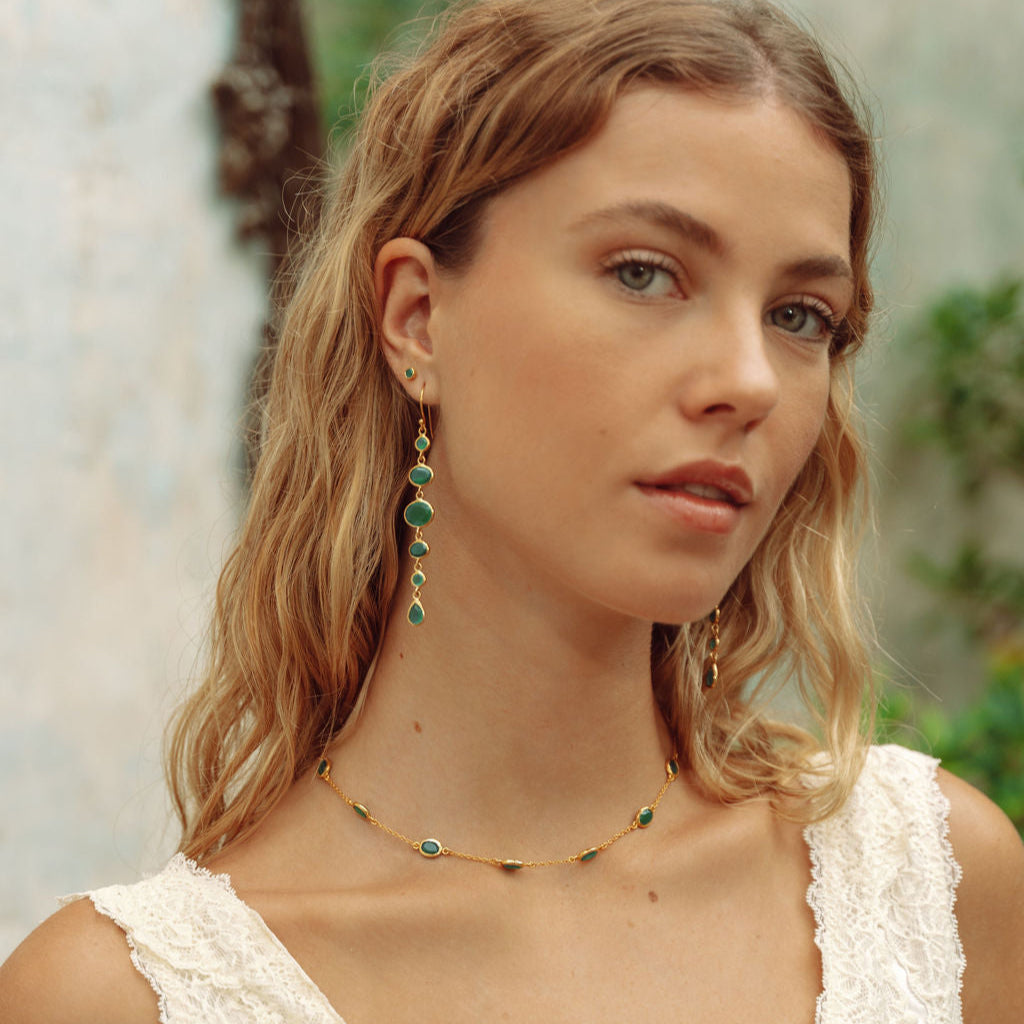 Marilyn Necklace and Cascade Earrings in Gold with Green Onyx