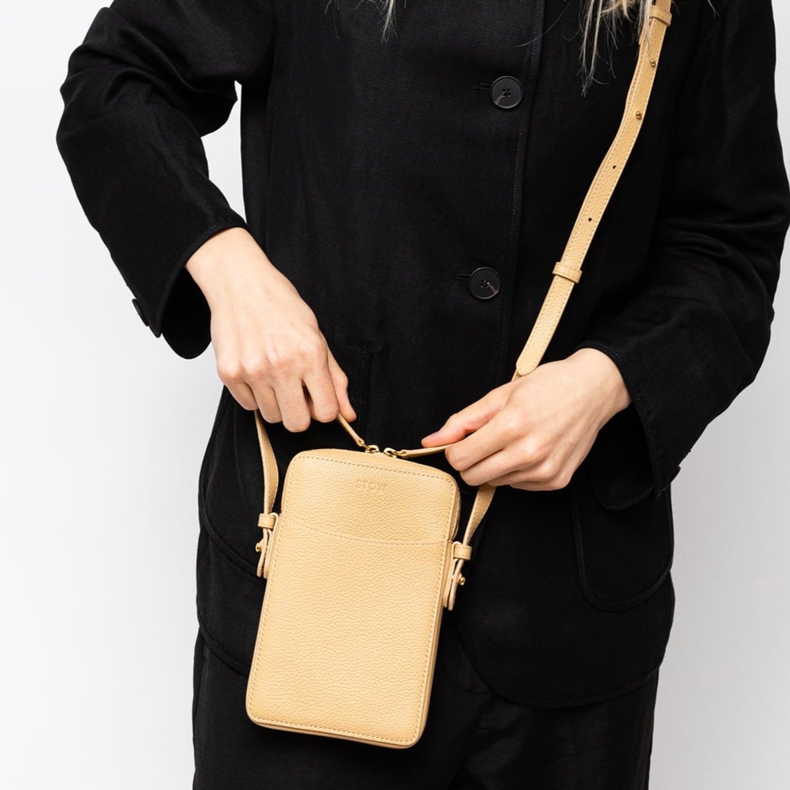 Phone Crossbody - Almond Pebbled Leather