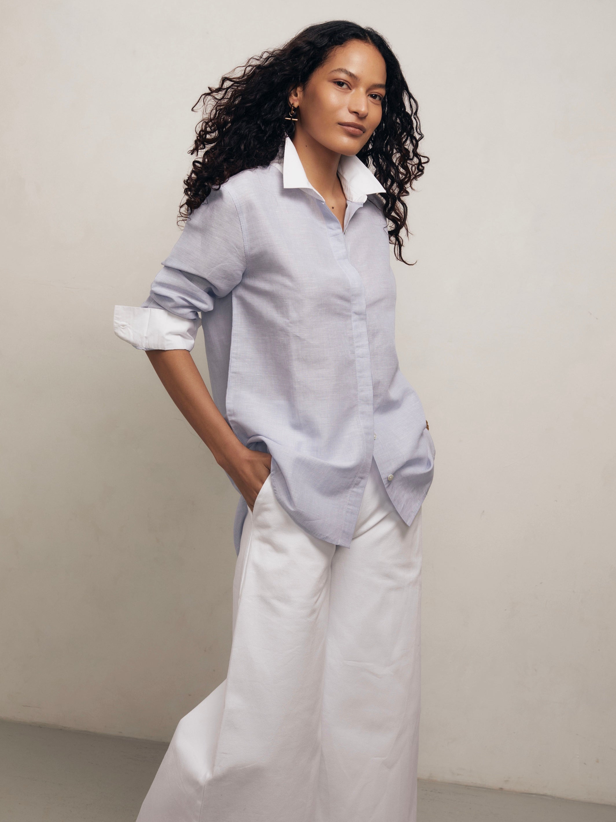 YVES - Blue and White Pinstripe Linen Weave Shirt