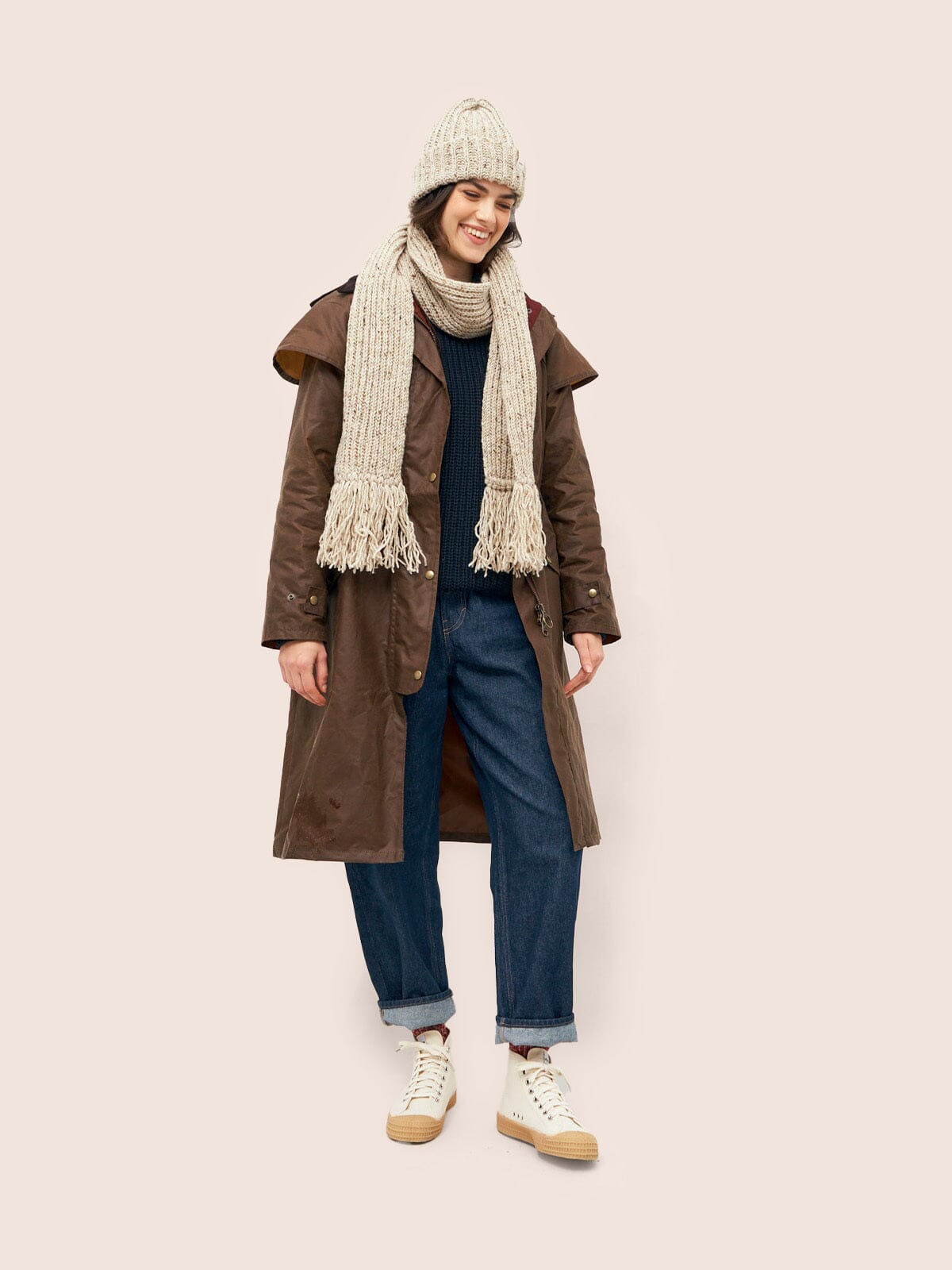 Bala Made in England Waxed Cotton Long Trench Coat in Dark Tan