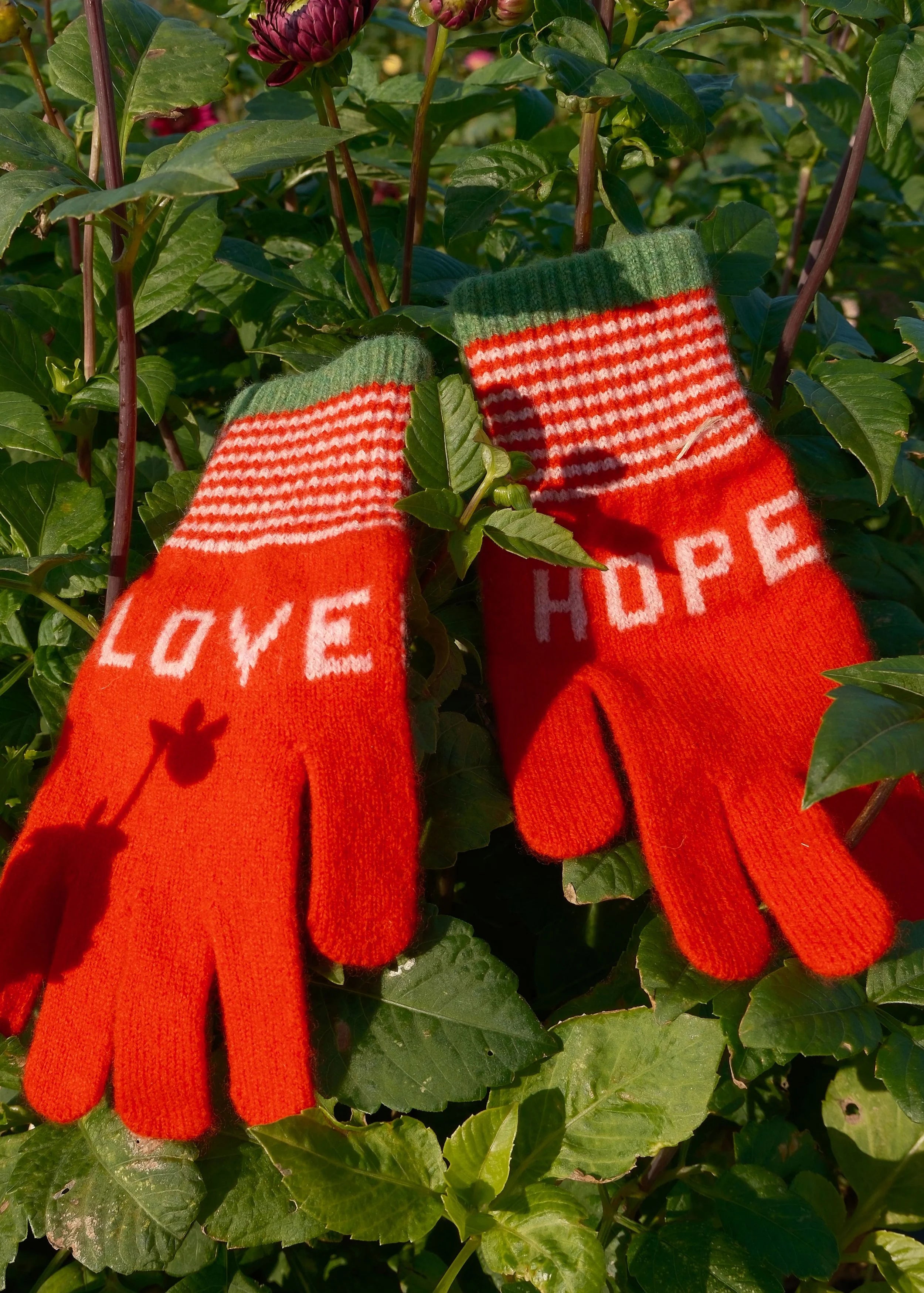 Love and Hope Gloves in Classic Red With Green Cuff Stripe