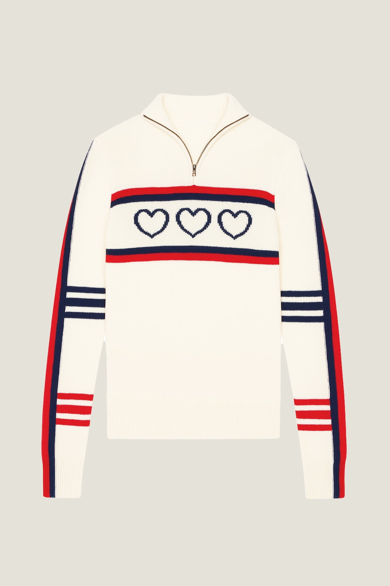 Merino Wool Stripe Hearts Quarter Zip | Cream/Red/Navy