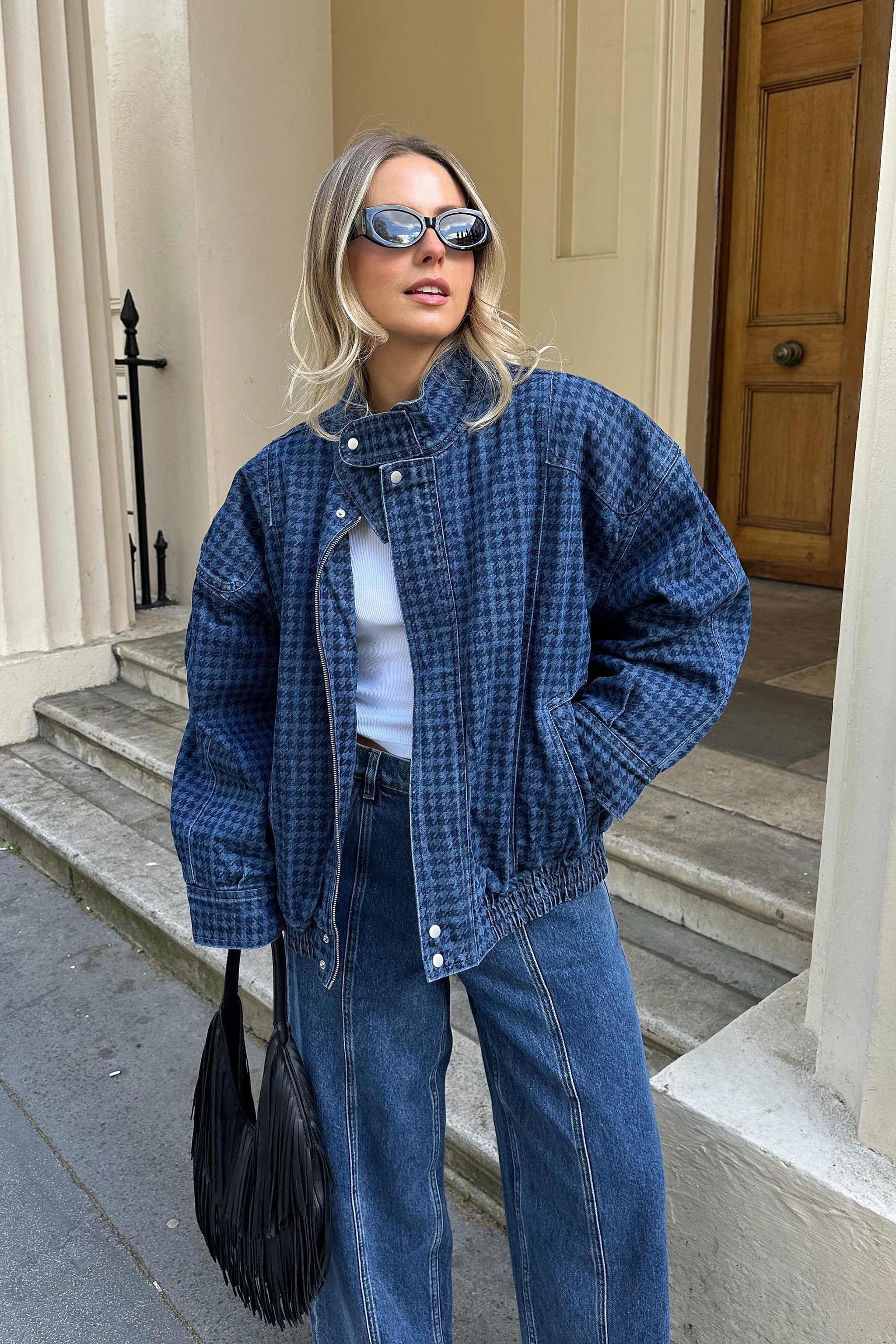 Juno Oversized Bomber Jacket in Houndstooth Americana