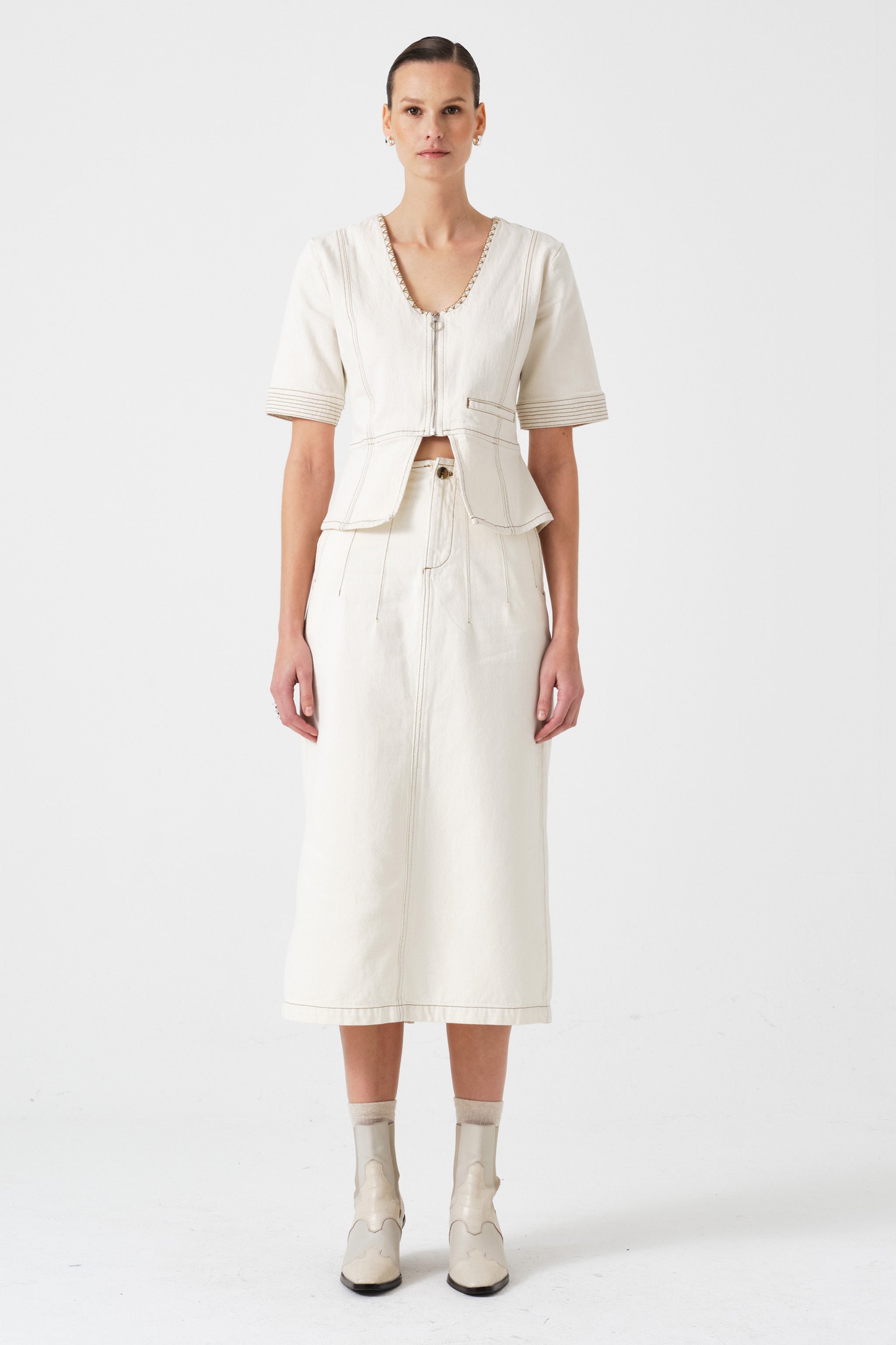 Noah Midi Denim Skirt in Ecru