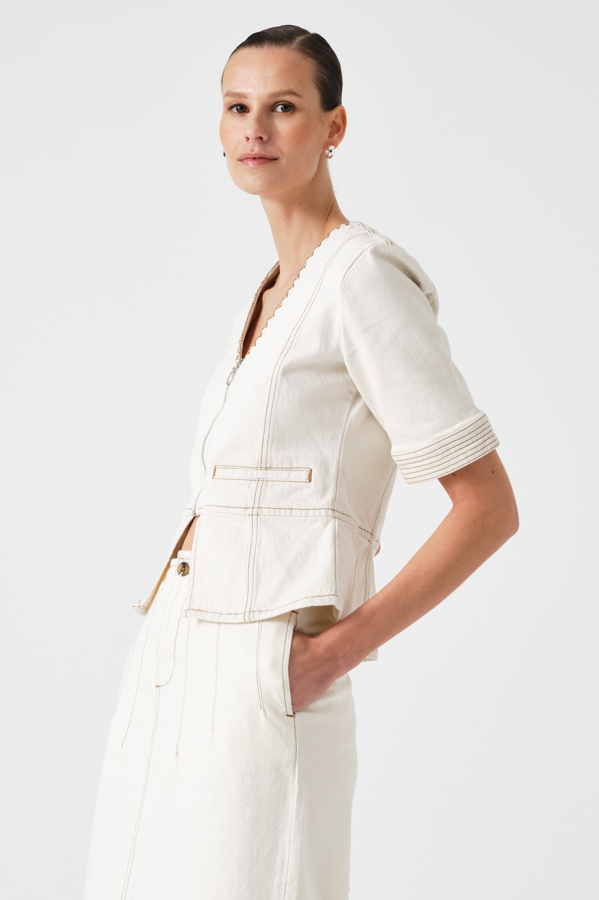 Lea Denim Top in Ecru