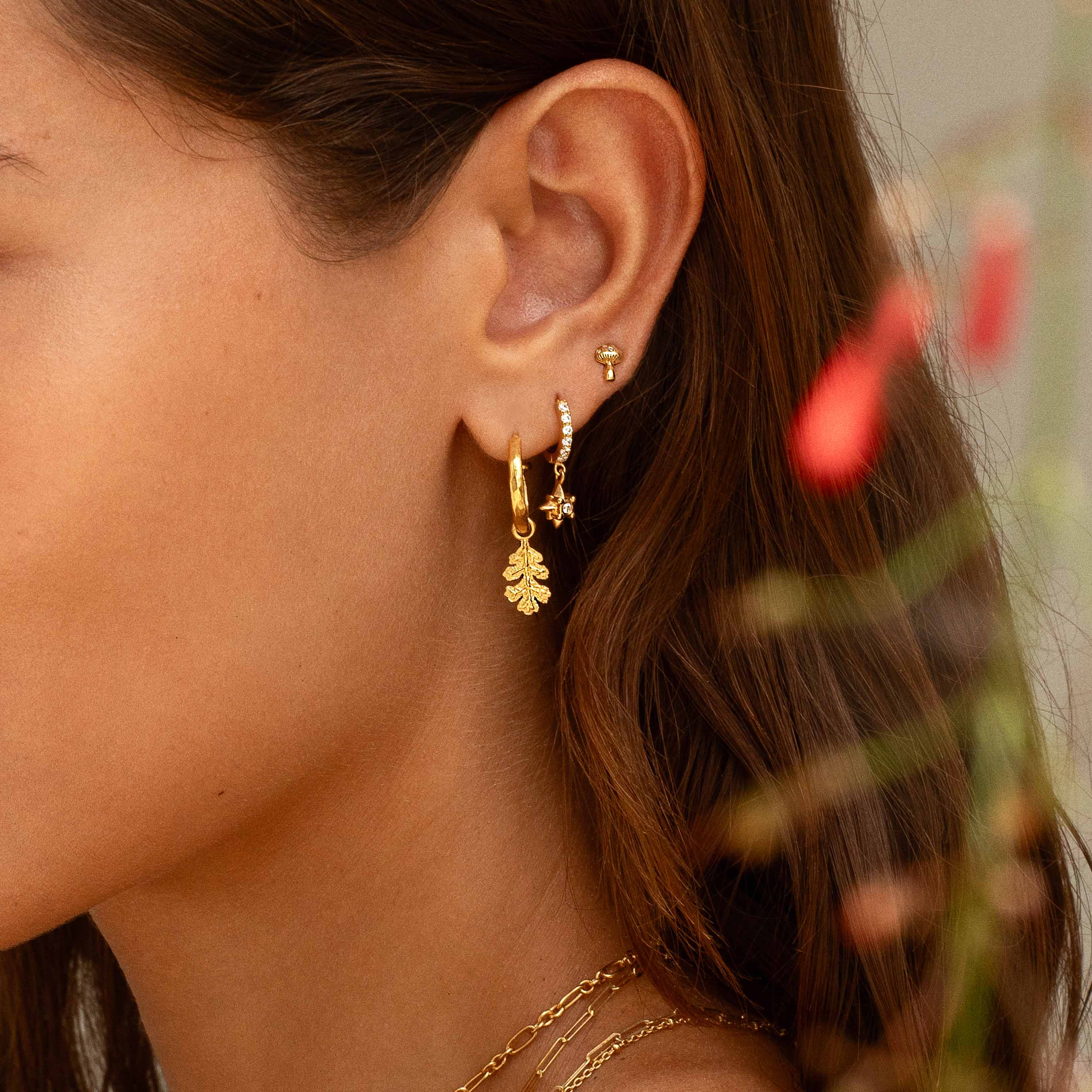 Mini Hammered Hoops with Oak Leaf Charm