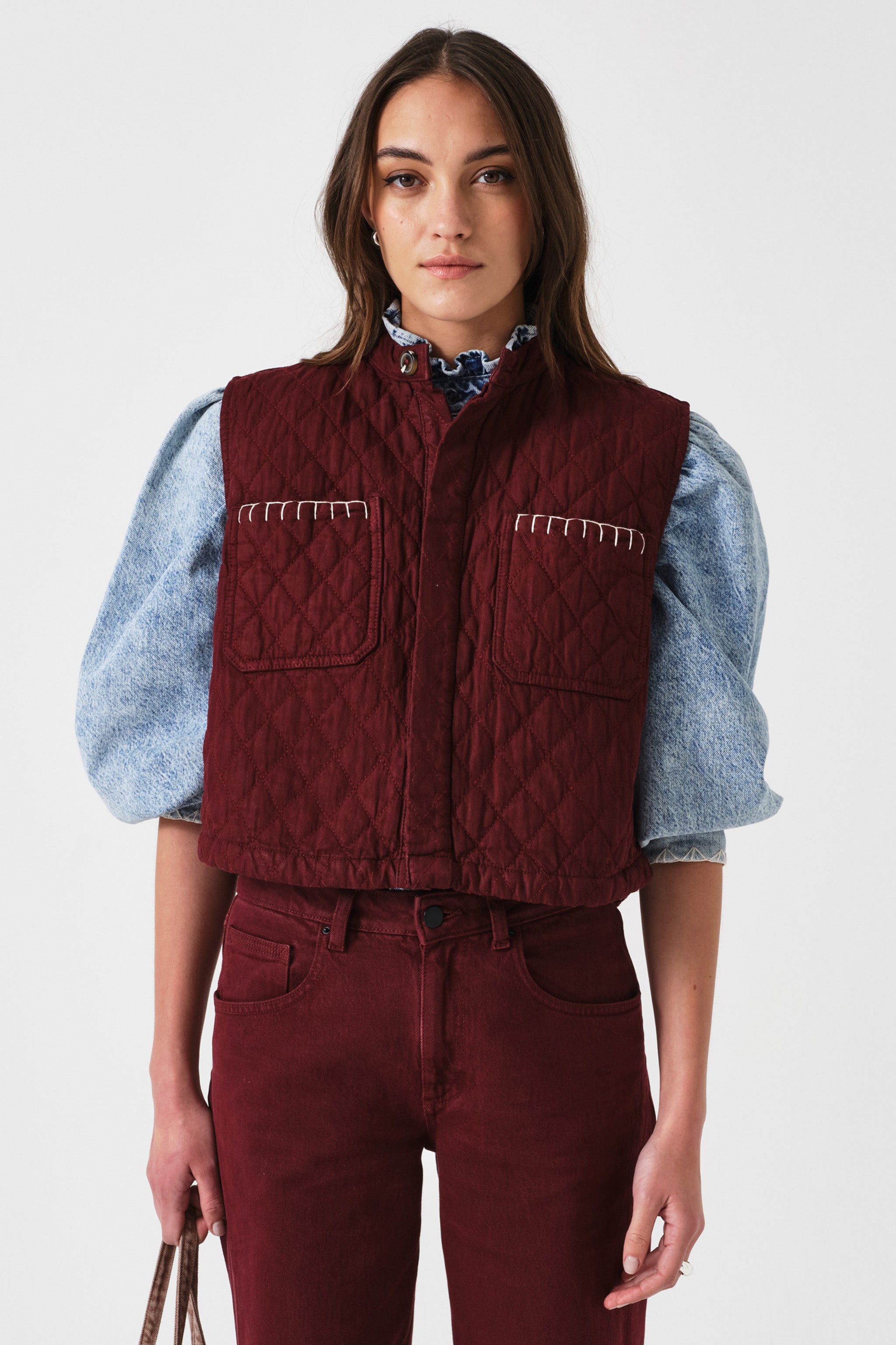 Pablo Quilted Denim Vest in Mulberry